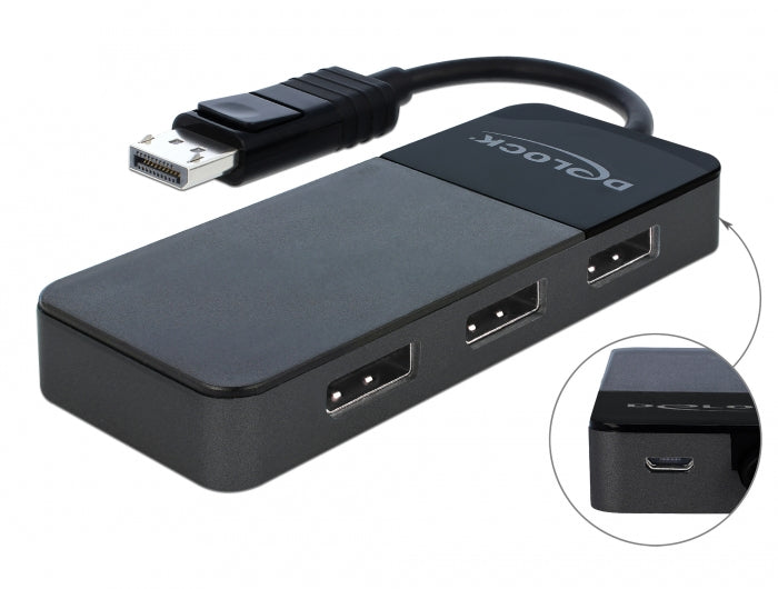DeLOCK 87737 – DisplayPort Splitter, 1× DP In / 3× DP Out, 8K@30 Hz, MST, HDCP, USB Stromversorgung, Schwarz