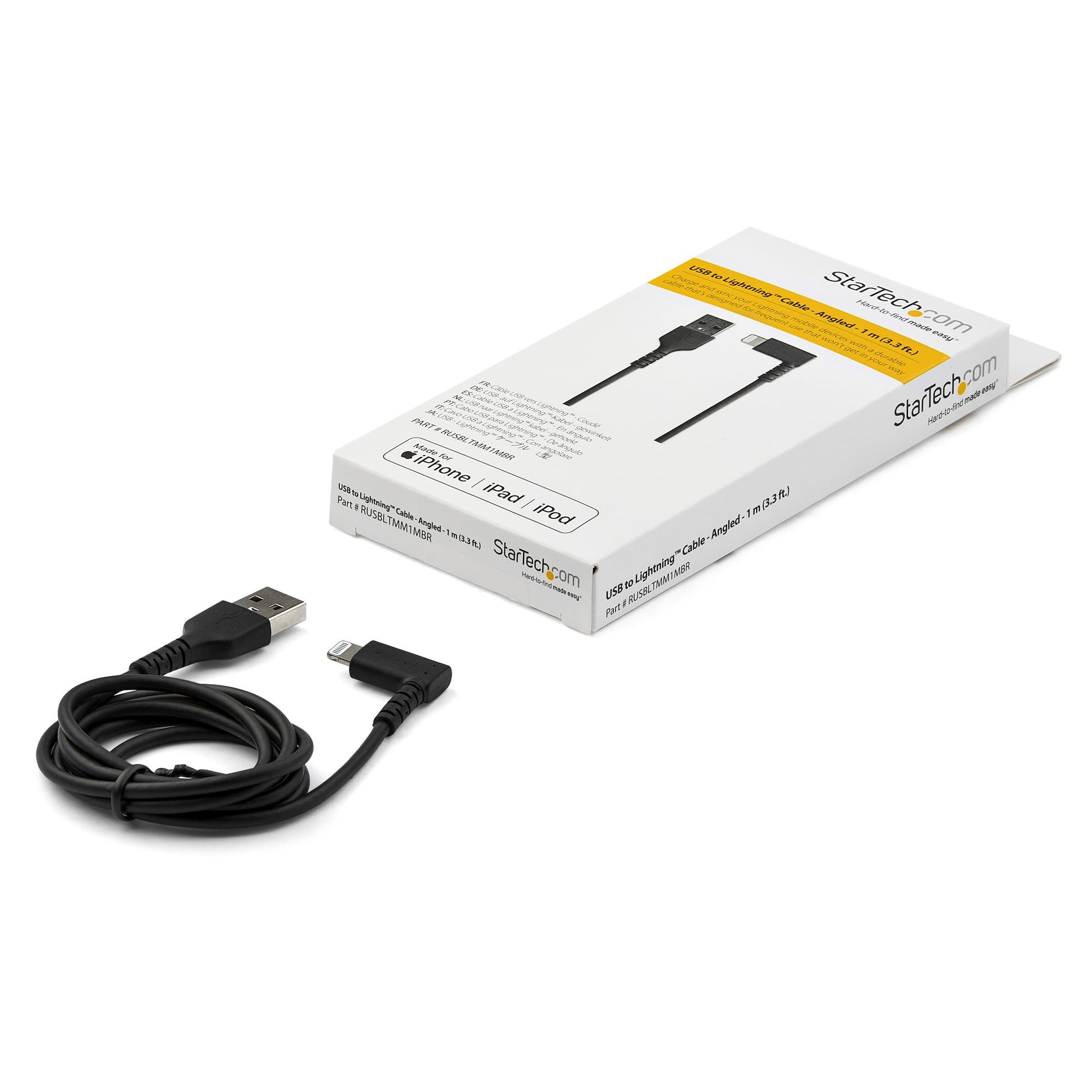StarTech.com Kabel – USB-A auf Lightning 1 m, MFi zertifiziert, abgewinkelt, Schwarz – für iPhone/iPad