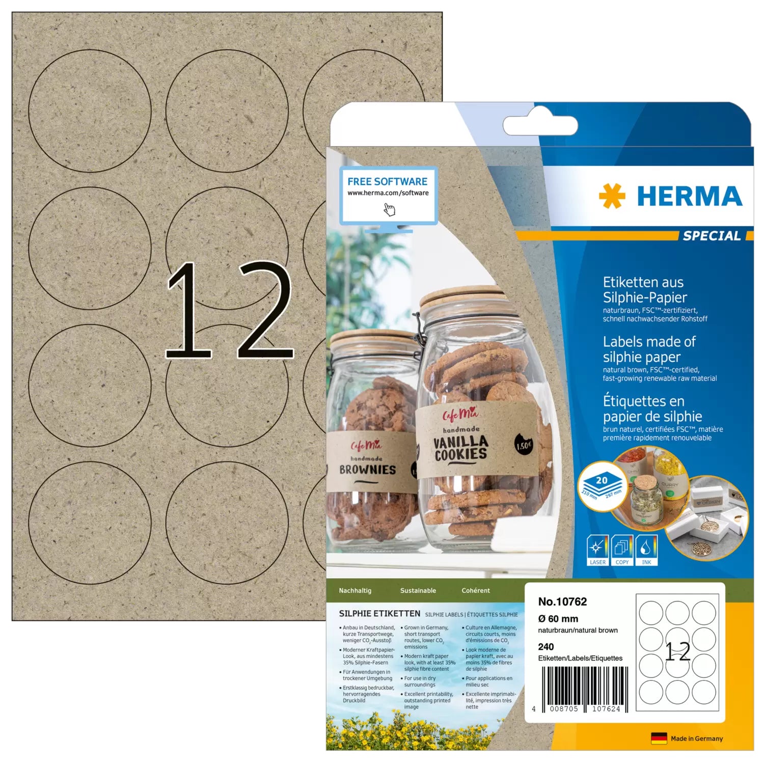 HERMA Druckeretiketten, Ø 60 mm, braun, Papier, permanent, 20 Blätter (240 Etiketten)