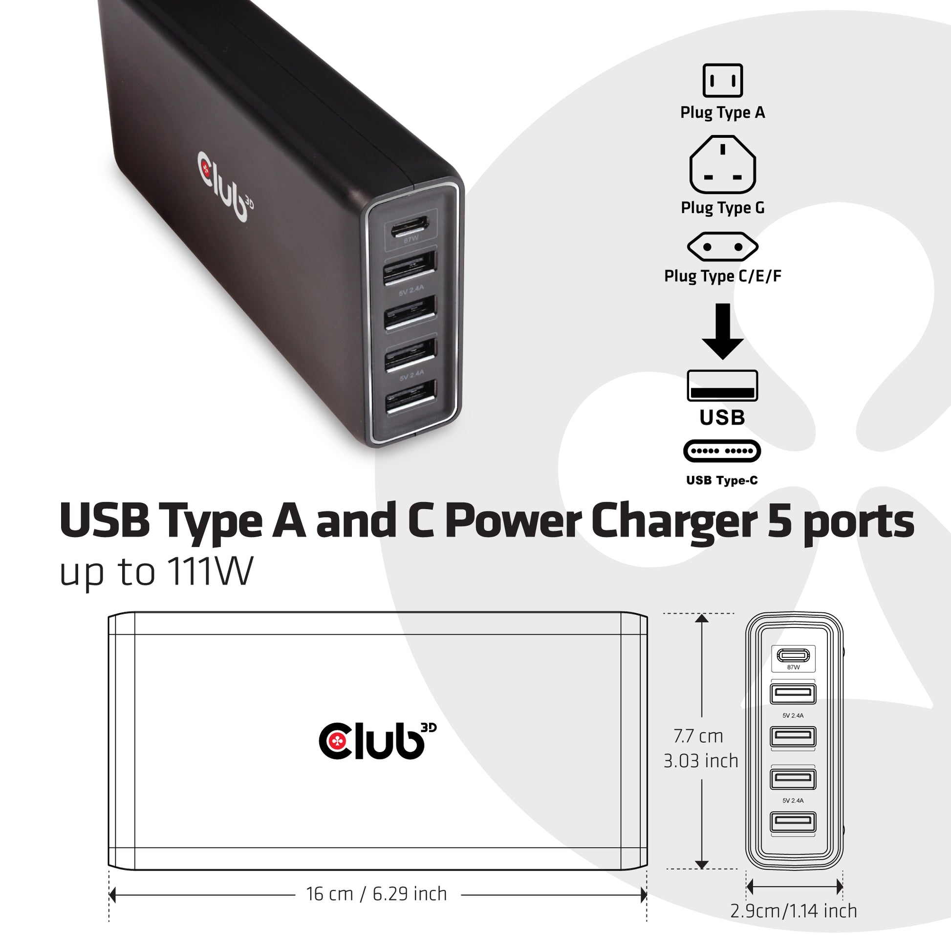 CLUB3D Club 3D Ladestation – 111 W, 4× USB-A + 1× USB-C, PD