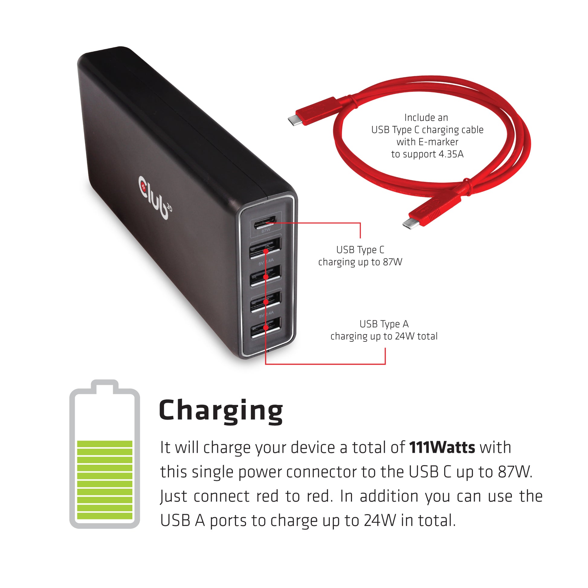 CLUB3D Club 3D Ladestation – 111 W, 4× USB-A + 1× USB-C, PD
