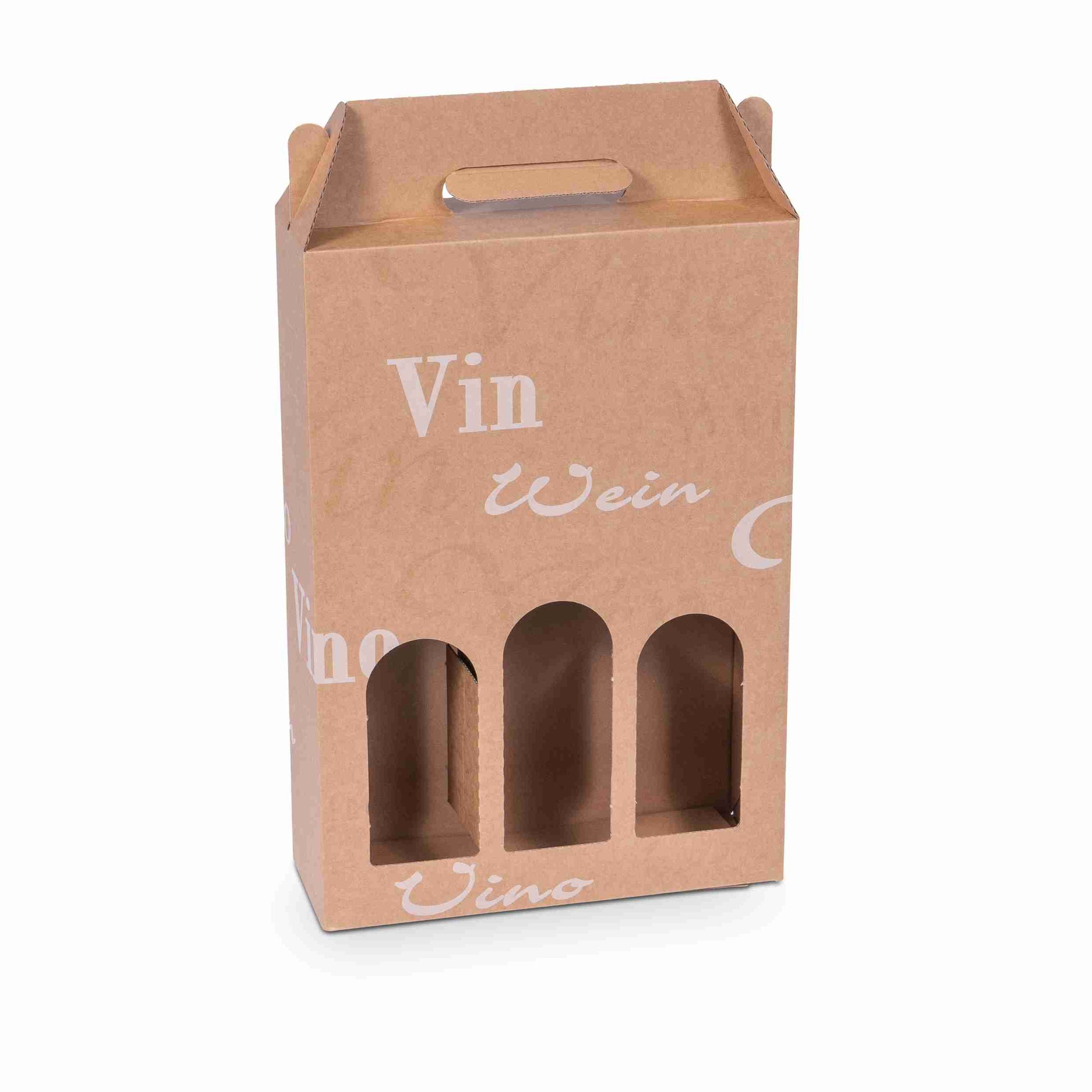Weinpräsentkarton braun – Innenmass 248 × 362 × 82 mm – für 3 Flaschen – 1 Stk., ab 20 Stk.