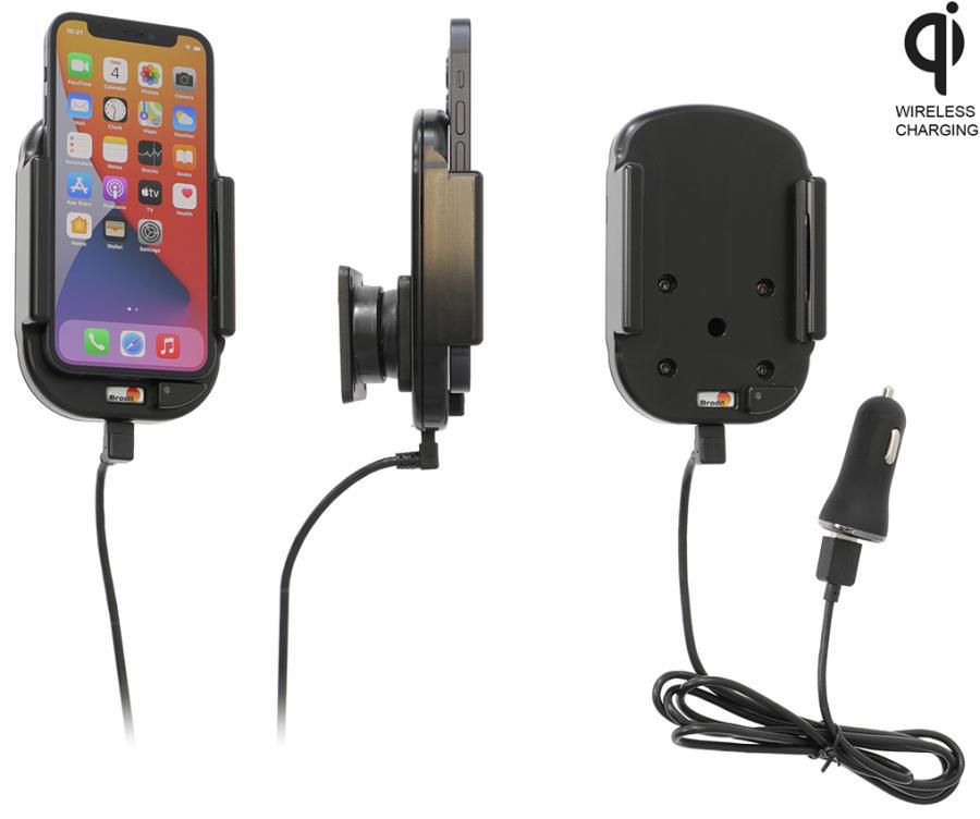 Brodit Auto-Halterung, mechanisch & magnetisch, Qi-Laden, 2× USB-A, QC 3 – für Smartphones – Schwarz