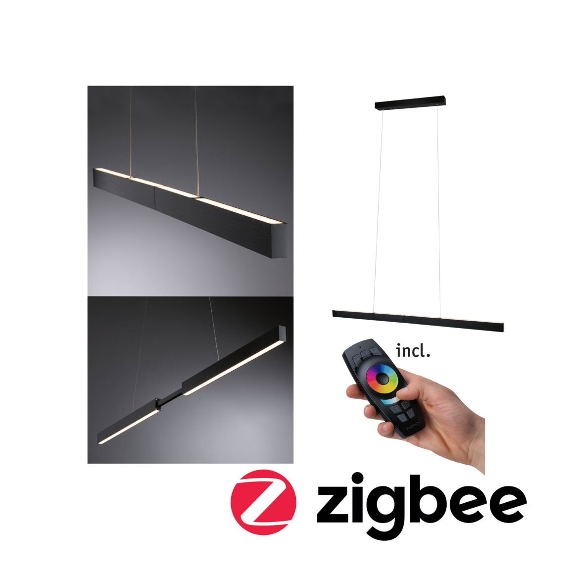 Paulmann Pendelleuchte Aptare – 180 × 90–150 cm, 1800 lm, 45 W, 2700 K, dimmbar, für ZigBee 3.0, schwarz