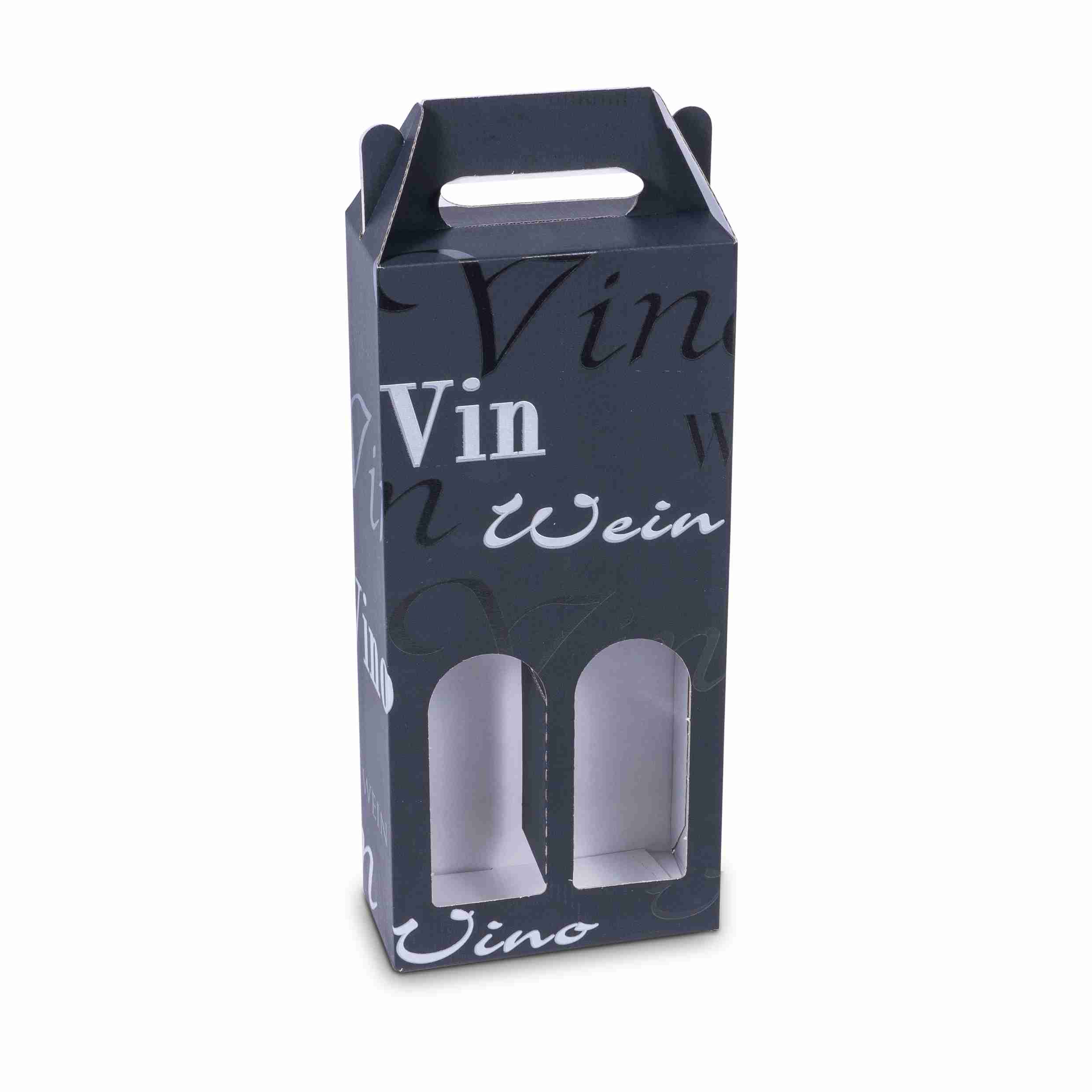 Model Weinpräsentkarton schwarz – Innenmass 166 × 362 × 82 mm – für 2 Flaschen – 1 Stk., ab 200 Stk.