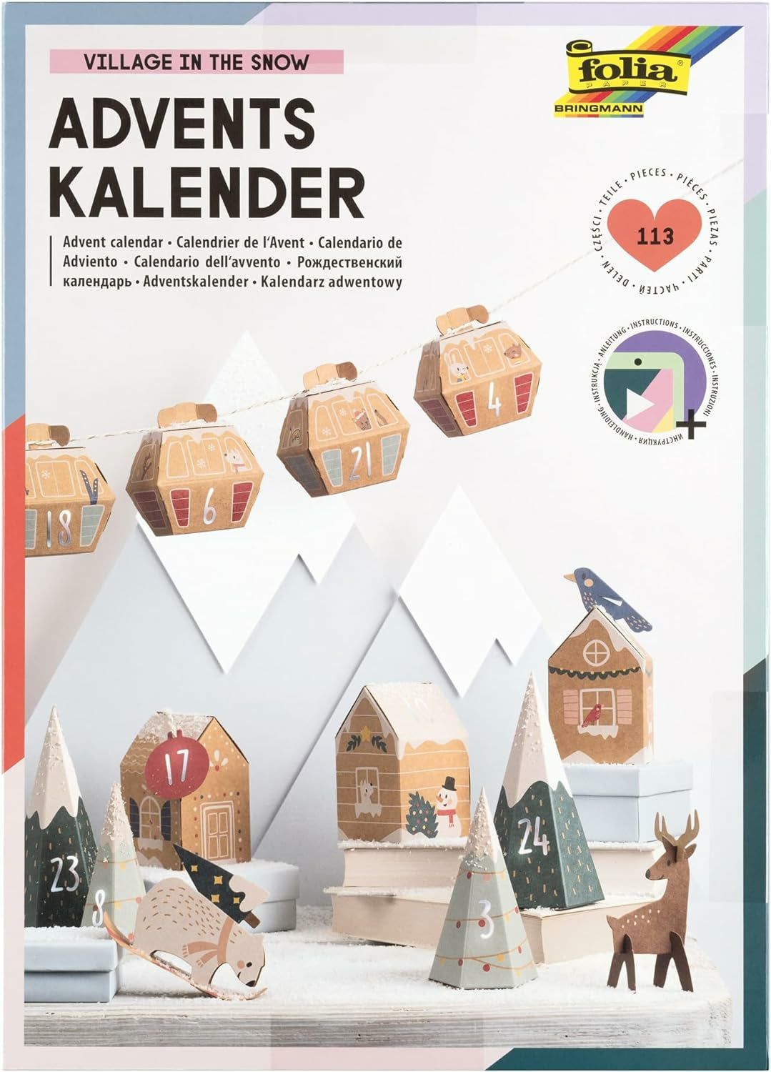 Folia Adventskalender-Set Dorf im Schnee – 8 Kartonhäuser, 40 Hangtags – 250 × 350 × 10 mm