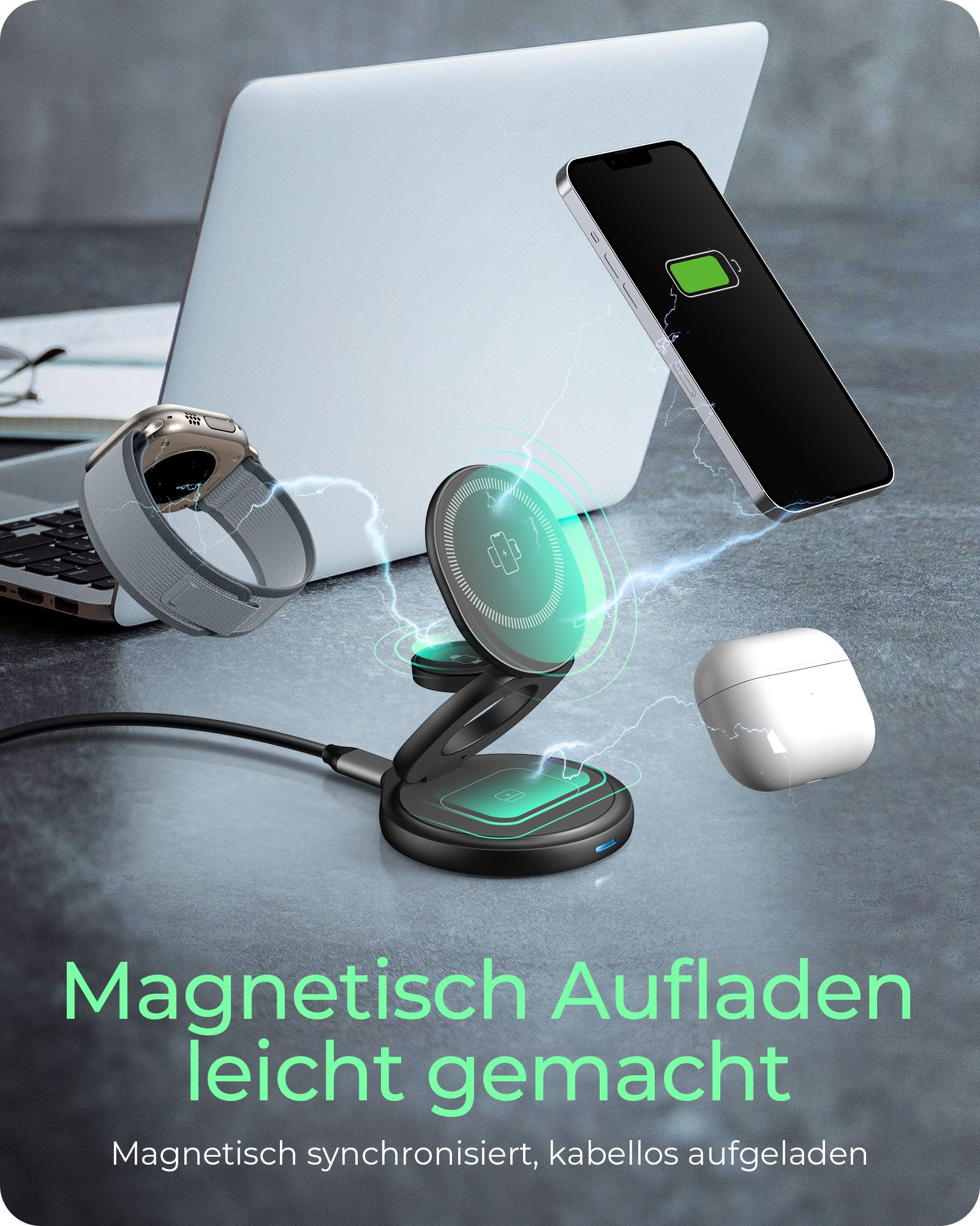 ICY BOX IB-SH101-CH 3-in-1 Ladeständer – Qi – 15 W/2,5 W/3 W – für iPhone/Samsung Galaxy/Apple Watch – Anthrazit