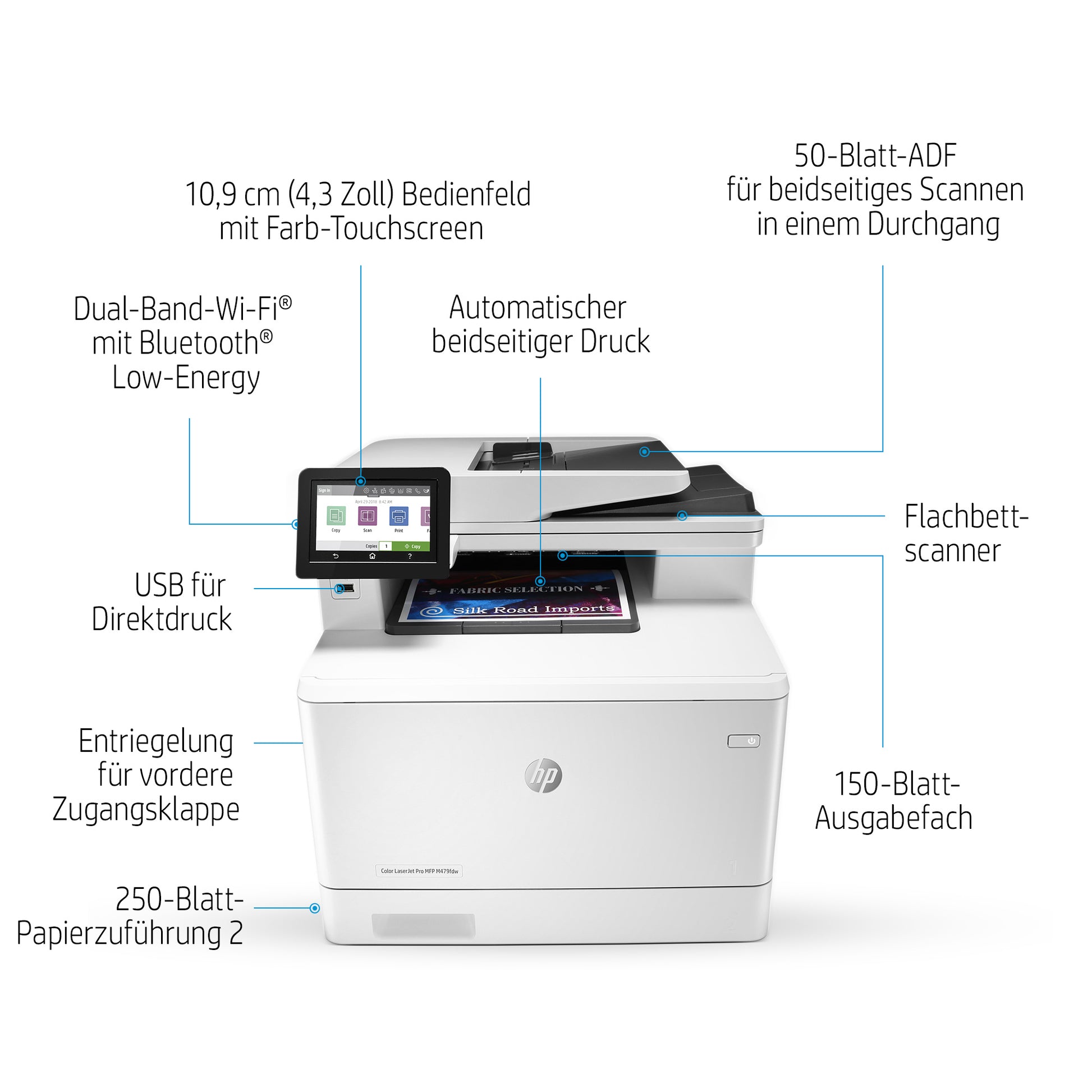 HP Laserjet Pro M479FDW – Farbiges Laser-MFP A4, 4-in-1 – USB/LAN/WLAN – Duplex, ADF, 50-Blatt ADF – 27 Seiten/Min. S/W