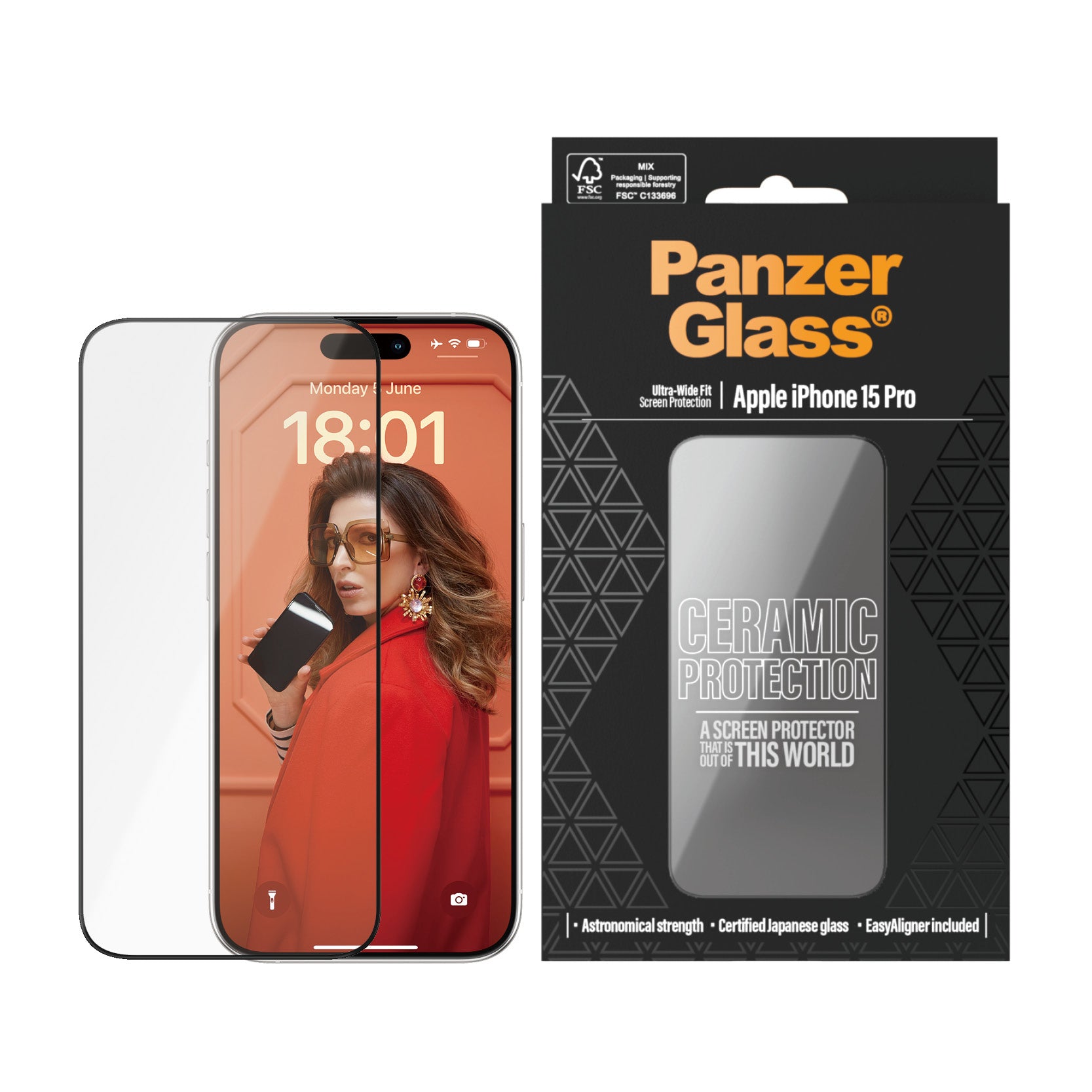 PanzerGlass Displayschutz (Panzerglas), Ultra-Wide Fit – für iPhone 15 Pro – mit Applikator