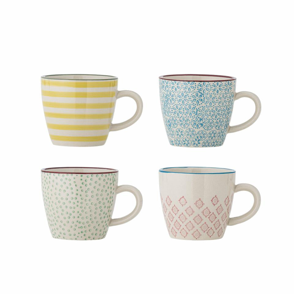 Bloomingville Kaffeetasse Patrizia – 4er Set, 220 ml, Ø 7,5 cm, Steingut, Mehrfarbig, spülmaschinenfest