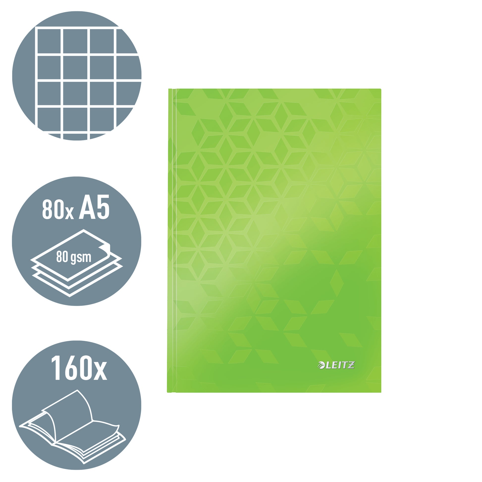 Leitz Notizbuch A5, kariert, Fadenheftung, Karton, 160 Seiten, ohne Perforation, 90 g/m² – grün