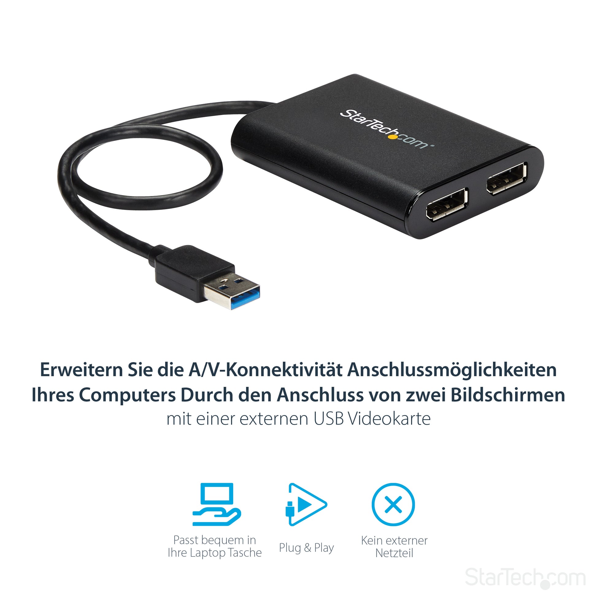 StarTech.com Multi-Monitor-Adapter USB-A zu 2× DisplayPort – 4K (4096 × 2160) @ 60 Hz, 0,3 m