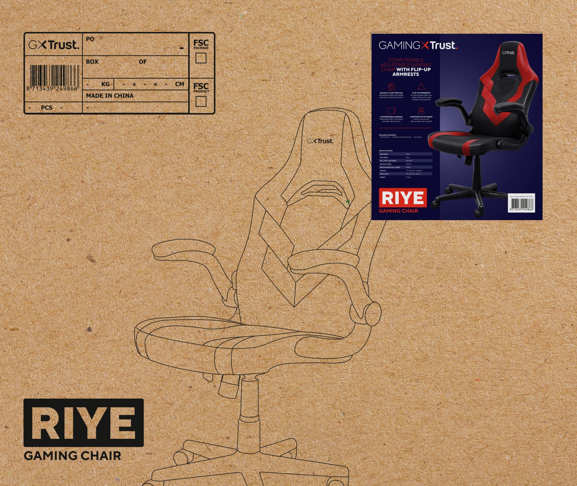 Trust Gamingstuhl GXT703B Riye – 68×69×128 cm, 140 kg, rot