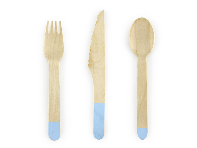 PartyDeco Besteck-Set 3-teilig, Holz (Birke) – 16 cm, Blau – 18 Stk.