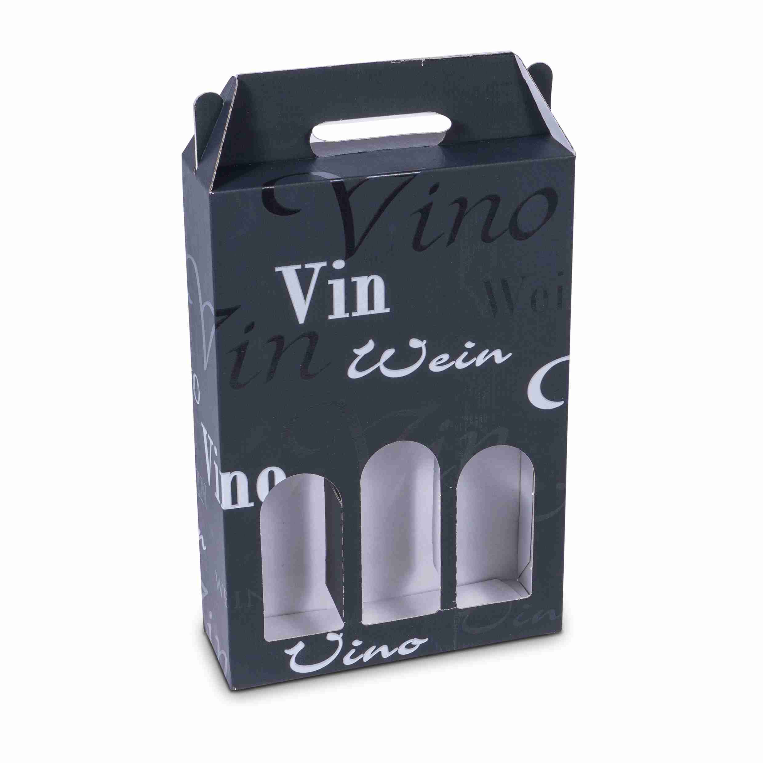 Model Weinpräsentkarton Scripto, Wellpappe, bedruckt, schwarz – 248 × 362 × 82 mm – für 3 Flaschen – 1 Stk., ab 100 Stk.