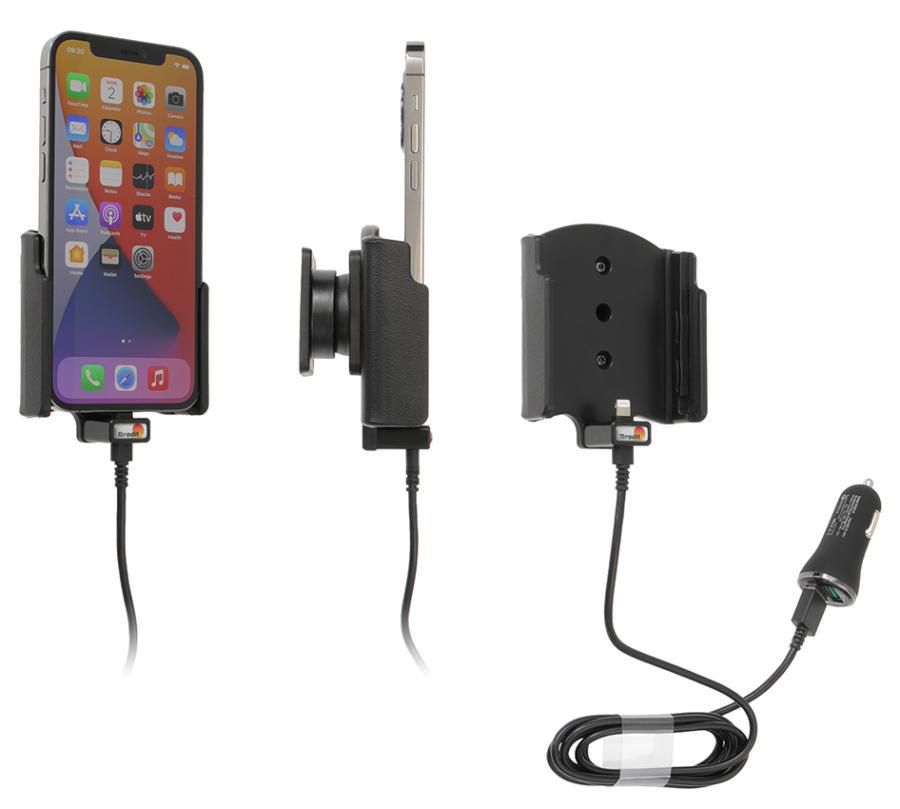 Brodit Kfz-Ladehalterung – Schraubbefestigung, Zigarettenanzünder, USB-A ×2 – für iPhone 12/12 Pro – Schwarz