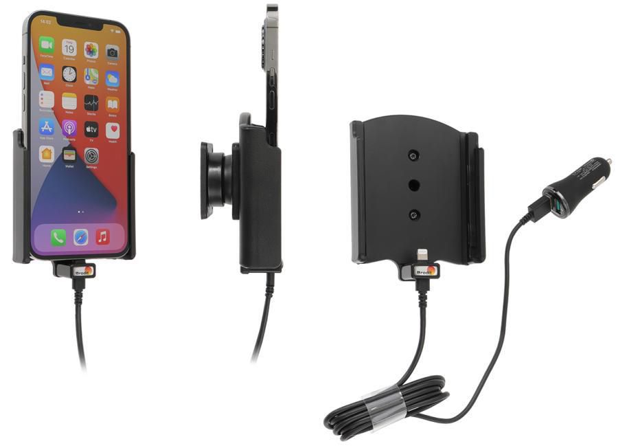 Brodit Auto-Halterung mit Zigarettenanzünder-Ladegerät, 2× USB – für iPhone 12 Pro Max – Schwarz