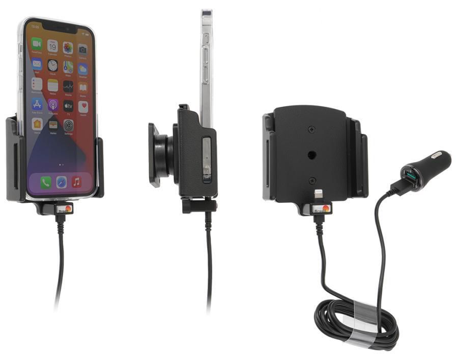 Brodit Auto-Halterung, 360°, mit 2× USB (QC 3.0, 2,4 A), Zigarettenanzünder – für iPhone 12–13 – Schwarz
