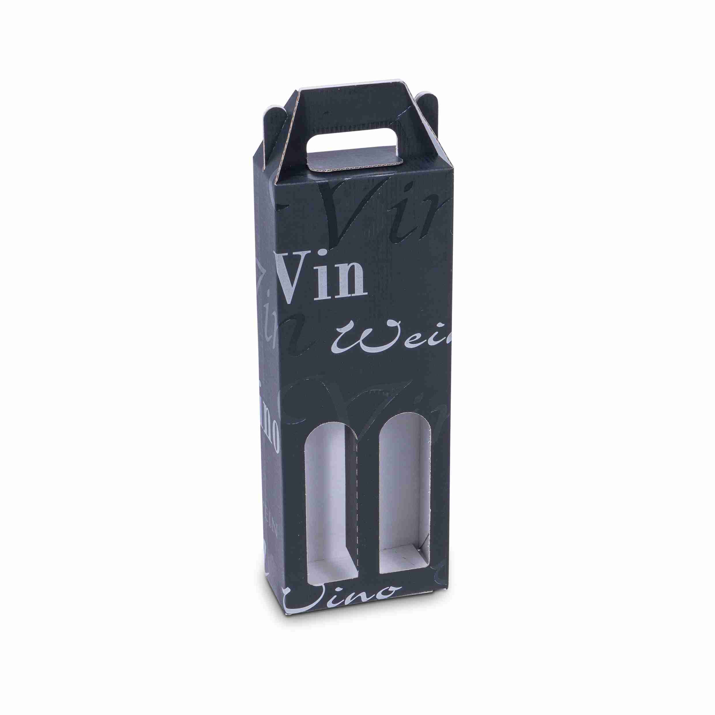 Model Weinpräsentkarton schwarz – Innenmass 354 × 67 × 134 mm – für 2 Flaschen – 1 Stk., ab 60 Stk.