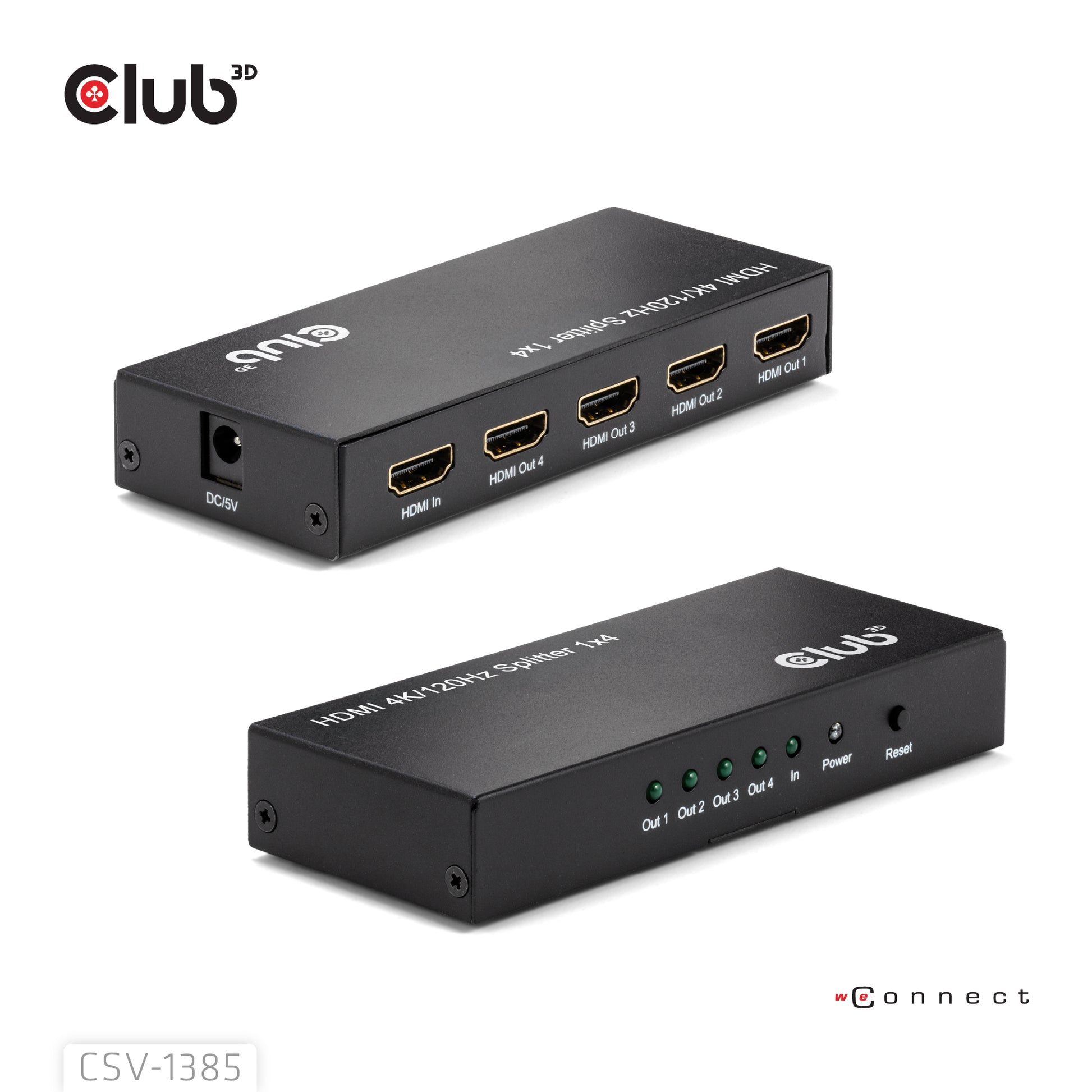 CLUB3D HDMI Splitter 1 zu 4 – 4× HDMI, 4K (3840 × 2160) – Passiv, HDCP 1.4/2.2 – Schwarz