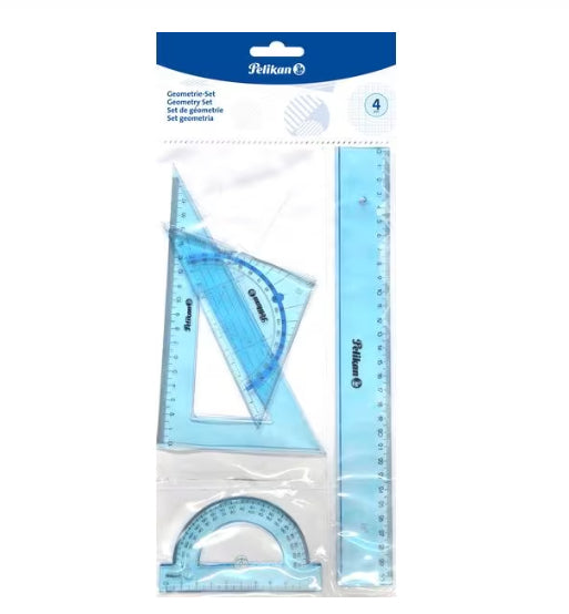 Pelikan Geometrie-Set, 4-teilig – Lineal 30 cm – mit Tuschekante – Acrylglas, Blau