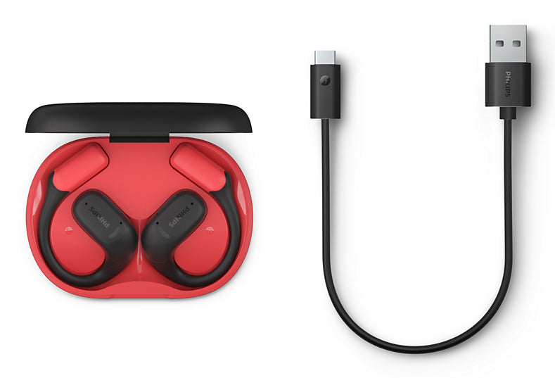 Philips TAA6709BK – Ohrbügel-Kopfhörer – Bluetooth 5.3, IP65, Ladeschale – Rot – bis 28 h