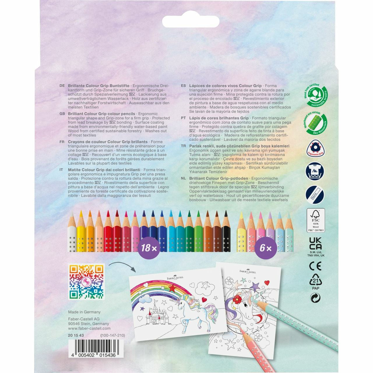 Faber-Castell Colour GRIP Einhorn Aquarellfarbstifte – 24 Stk., ergonomisch, waschbar, Karton, mit Aufklebern