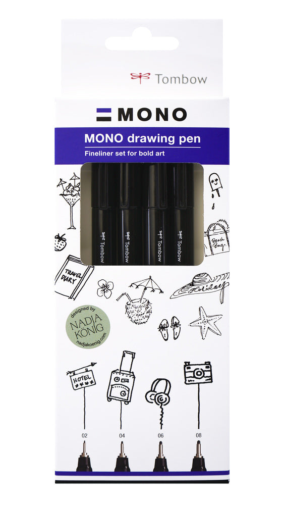 Tombow Mono Drawing Pen Fineliner – 4er-Set – Schwarz – Wasserfest