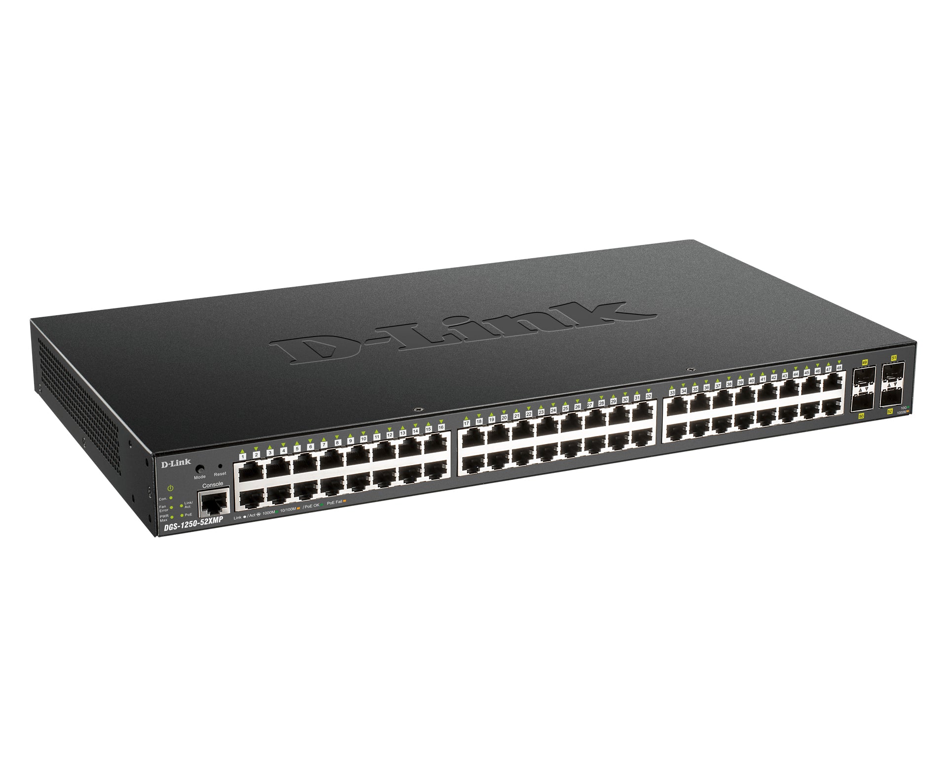 D-Link DGS-1250-52XMP – Verwalteter L3 Switch – 48× 1G, 4× SFP+, PoE+, PoE-Budget 370 W, 19", 1U