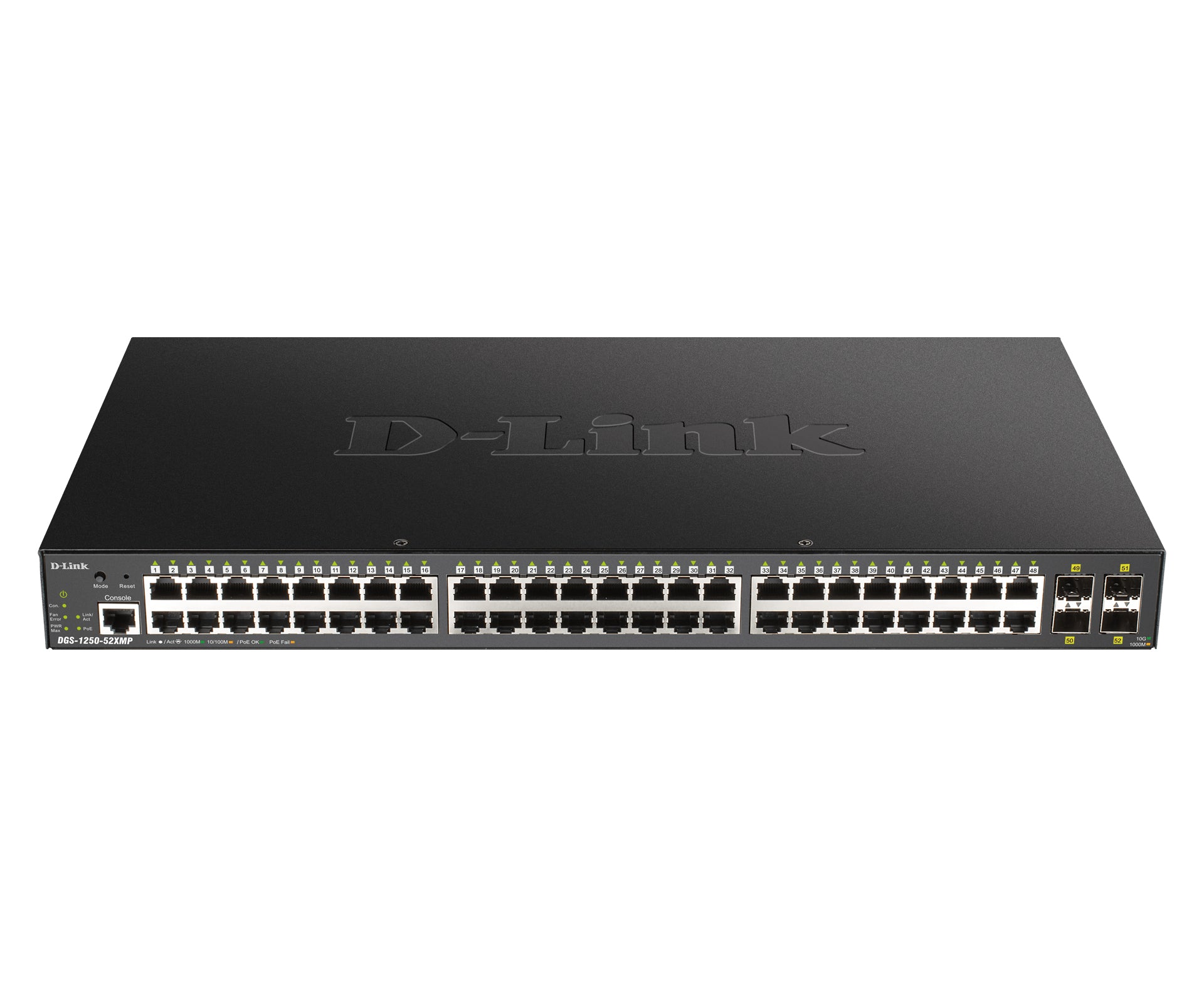 D-Link DGS-1250-52XMP – Verwalteter L3 Switch – 48× 1G, 4× SFP+, PoE+, PoE-Budget 370 W, 19", 1U
