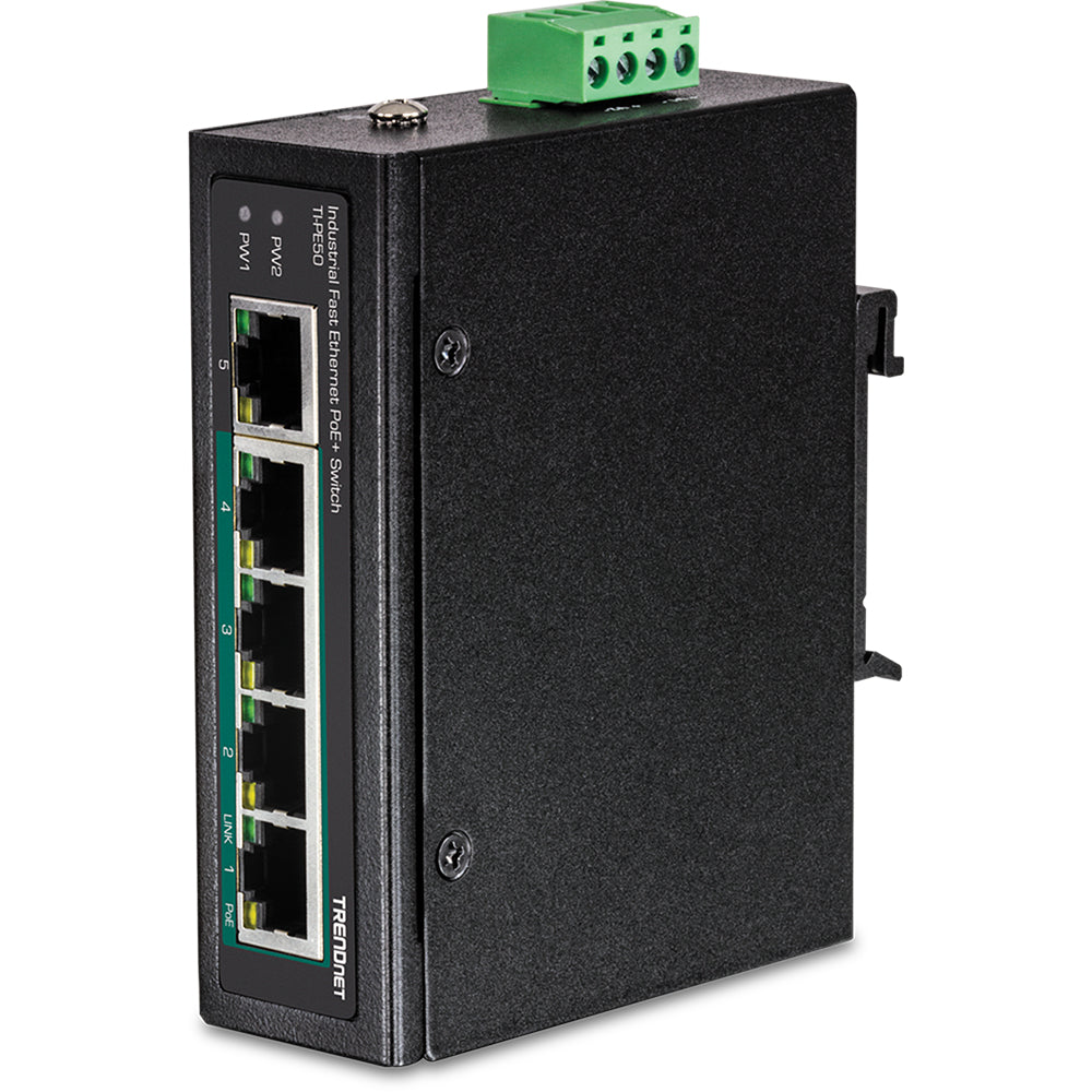 TRENDnet TI-PE50 – Netzwerk-Switch – 4×GbE, 1×Fast Ethernet, PoE+ 90 W, DIN-Rail, IP30