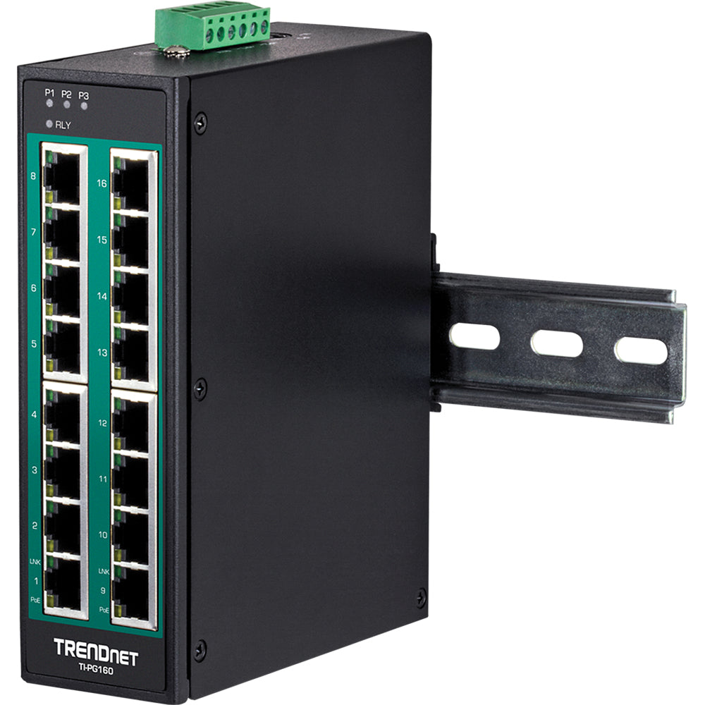 Trendnet TI-PG160 – Unmanaged Switch – 16× 1G, PoE+, PoE-Budget 240 W, DIN-Schiene
