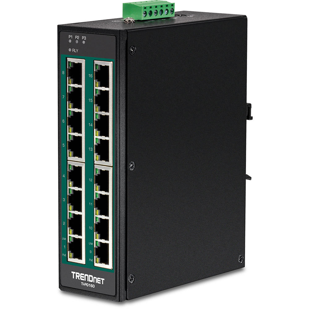 Trendnet TI-PG160 – Unmanaged Switch – 16× 1G, PoE+, PoE-Budget 240 W, DIN-Schiene