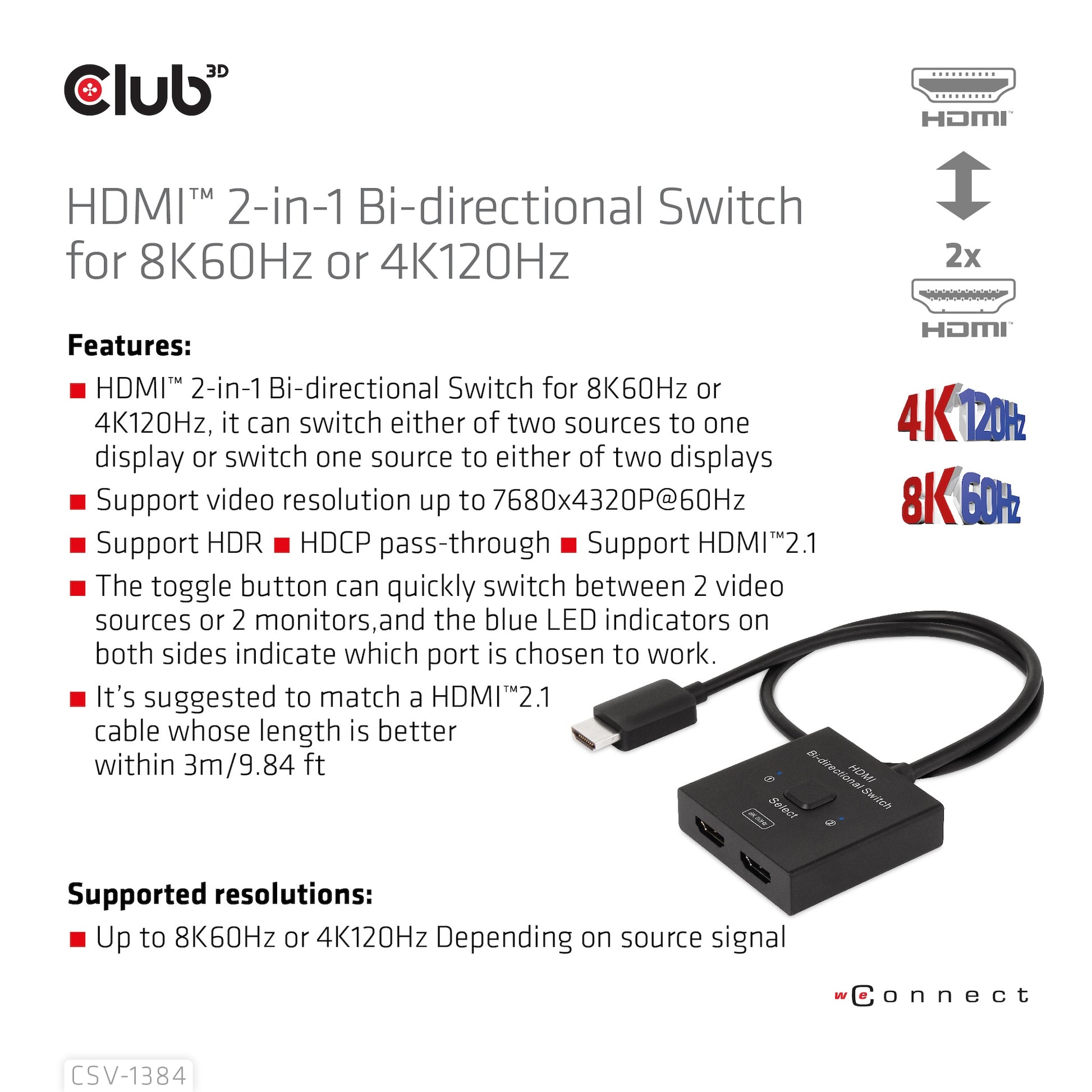 CLUB3D Club 3D CSV-1384 – HDMI Switch, 2×1, 8K@60 Hz