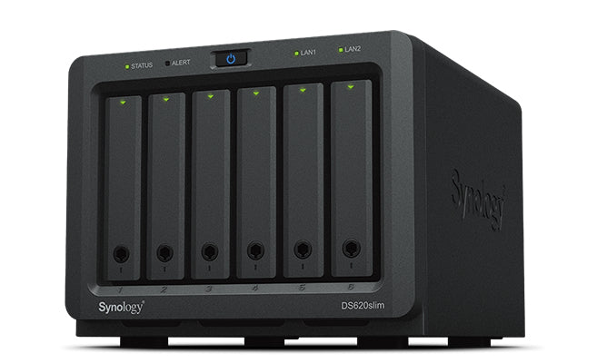 Synology DS620slim – 6-Bay Desktop NAS – Intel Celeron J3355, 2 GB RAM, 1GbE, DSM