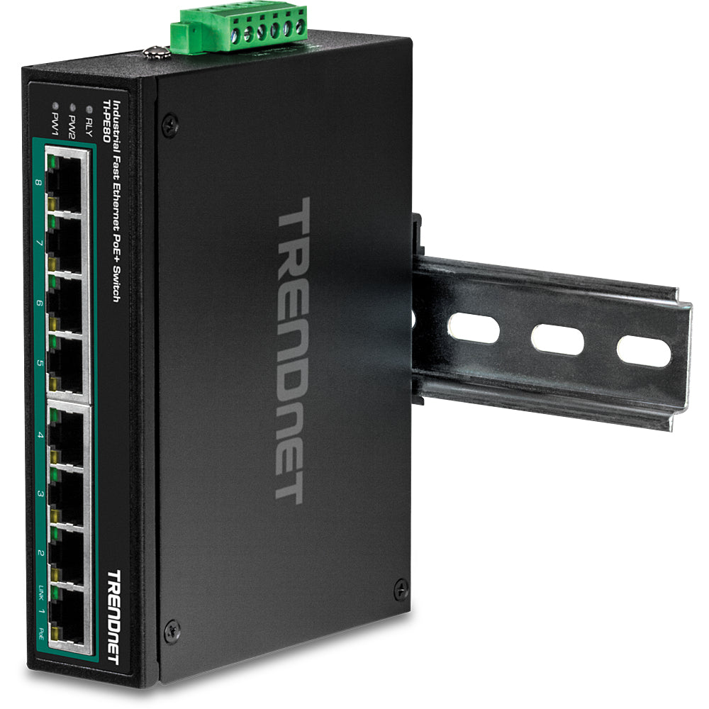 TRENDnet TI-PE80 – Unmanaged Switch – 8× Fast Ethernet, PoE+ (8×), PoE-Budget 200 W, DIN-Schiene