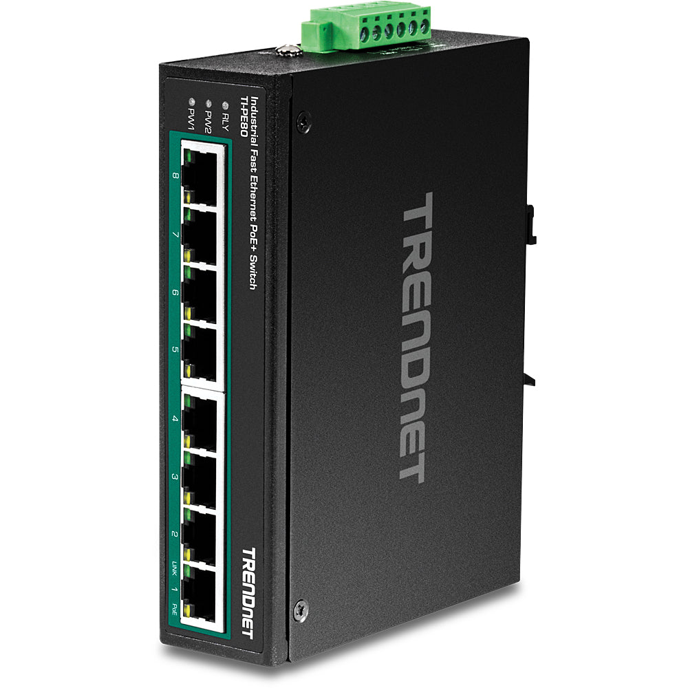 TRENDnet TI-PE80 – Unmanaged Switch – 8× Fast Ethernet, PoE+ (8×), PoE-Budget 200 W, DIN-Schiene