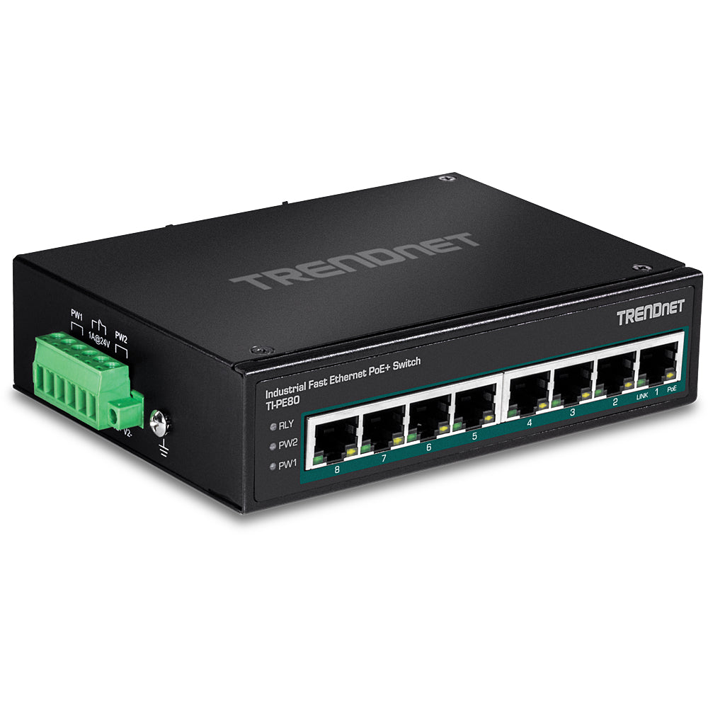 TRENDnet TI-PE80 – Unmanaged Switch – 8× Fast Ethernet, PoE+ (8×), PoE-Budget 200 W, DIN-Schiene