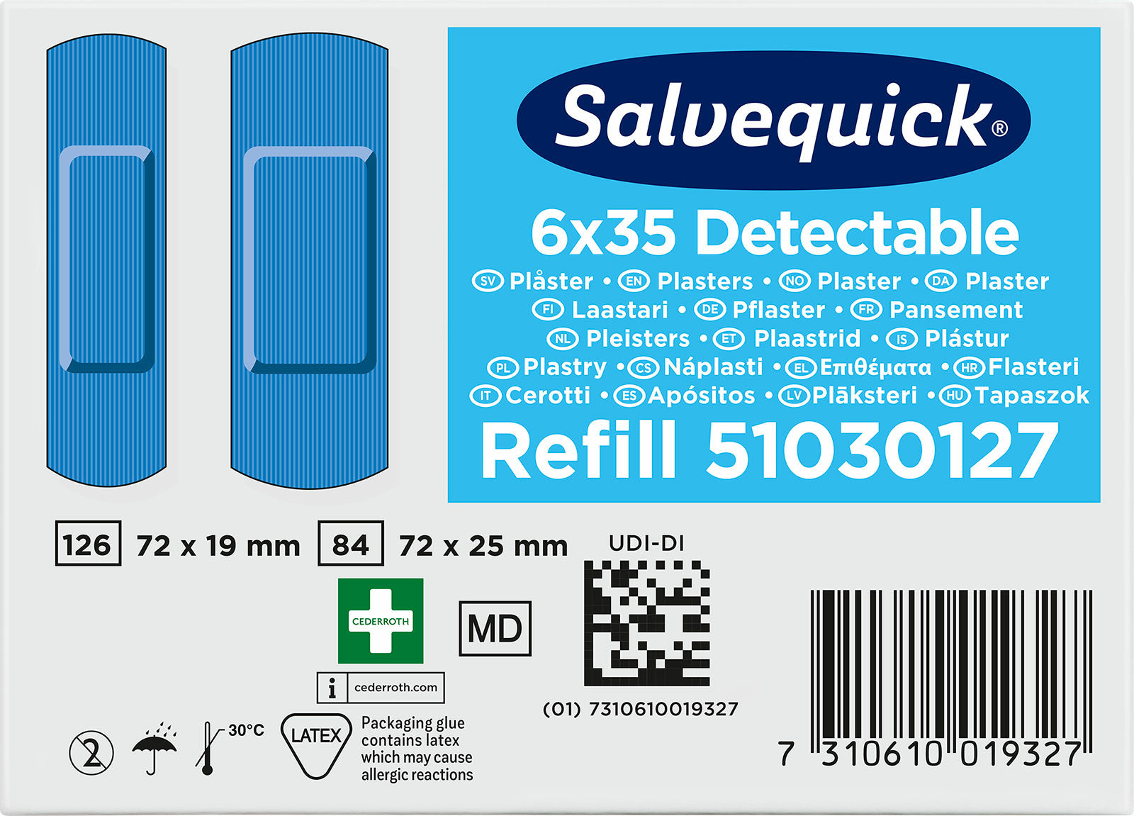 Cederroth Salvequick Pflaster-Nachfüllpackung – detektierbar – blau – sortiert – 6 × 35 Stk.