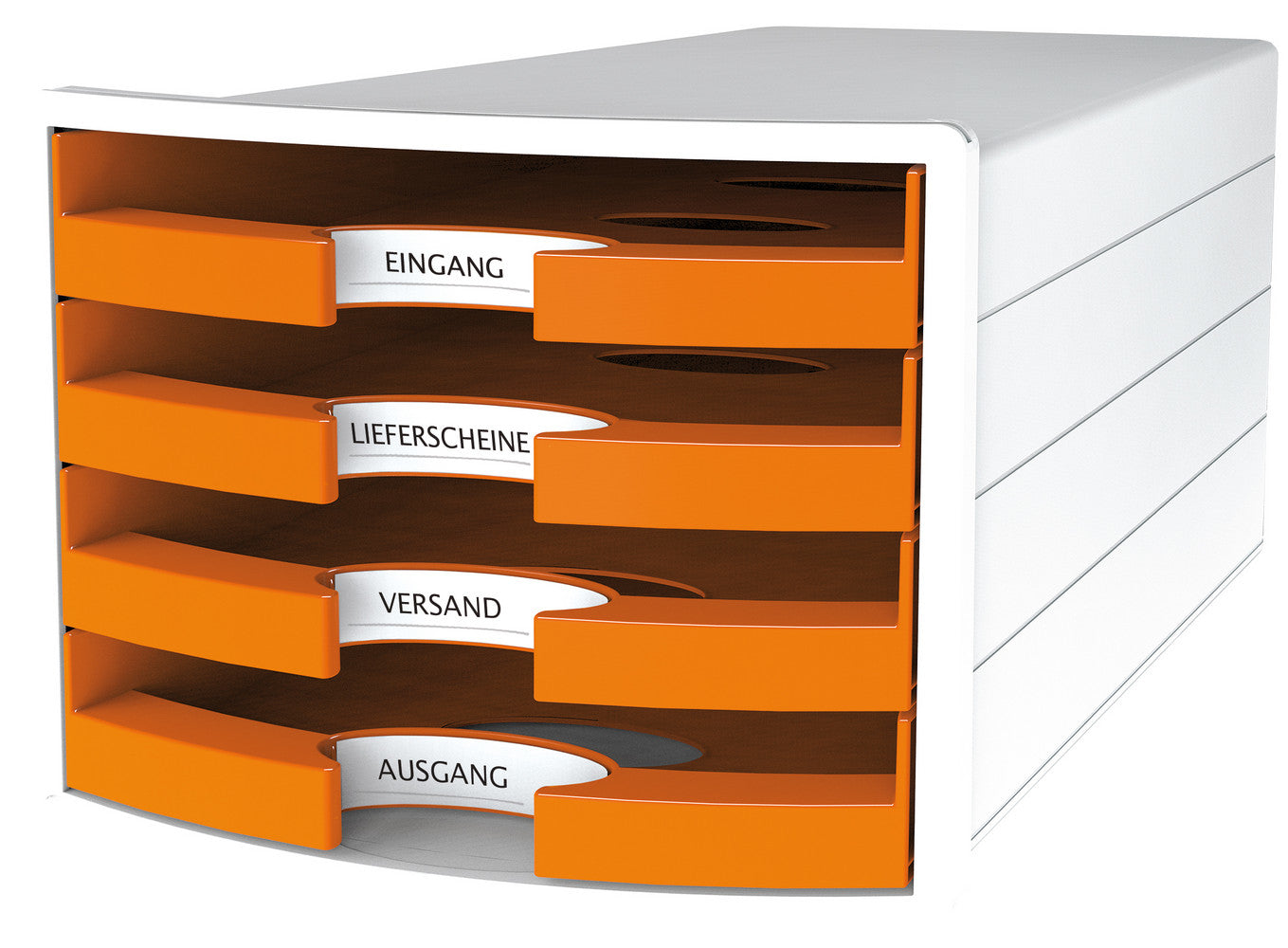 HAN Schubladenbox IMPULS 2.0 – 4 Schubladen – für A4/C4 – Polystyrol – weiss/orange – 280 × 367 × 235 mm
