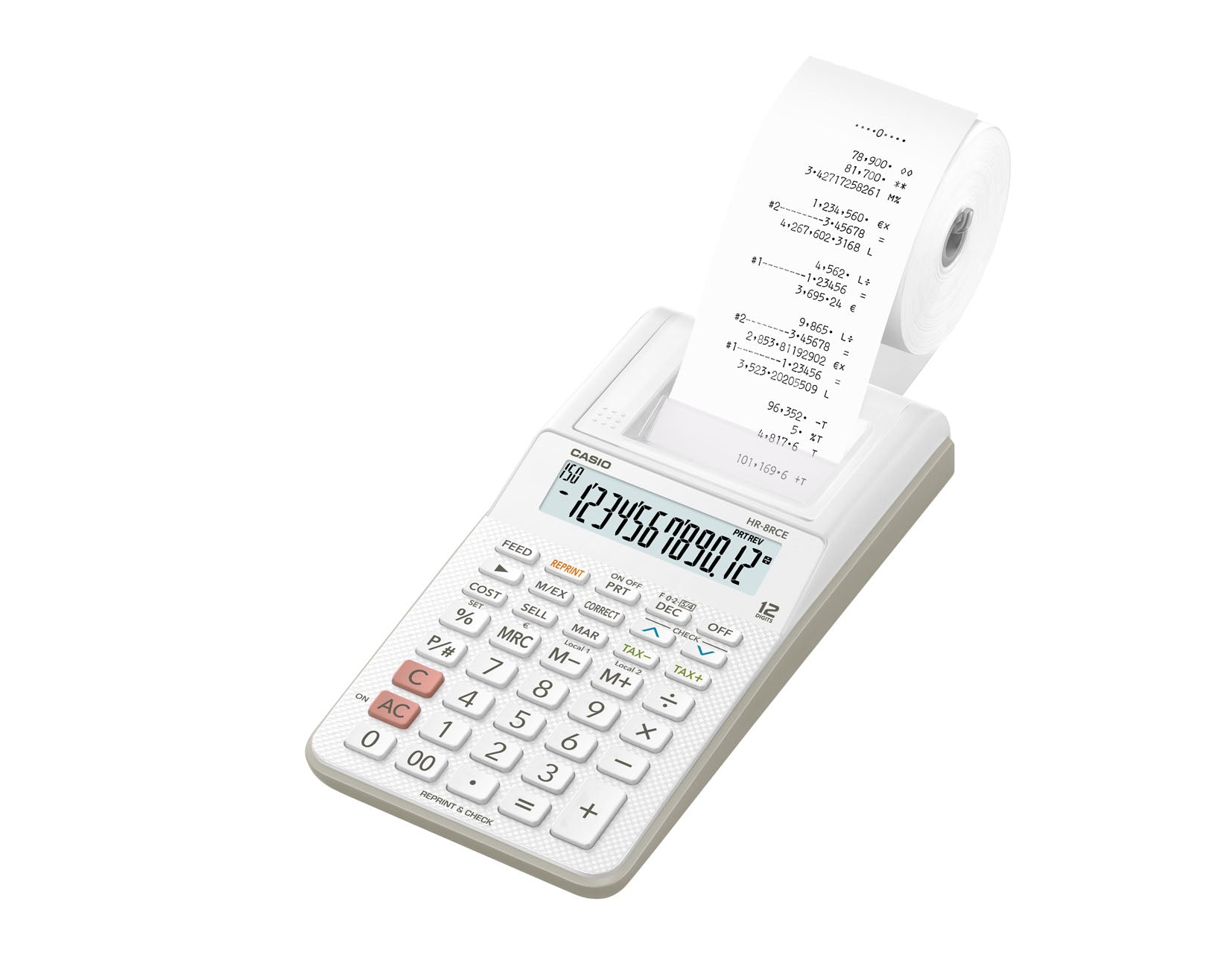 Casio Druckender Tischrechner HR-8RCE – 12-stellig – Batteriebetrieb – Weiss