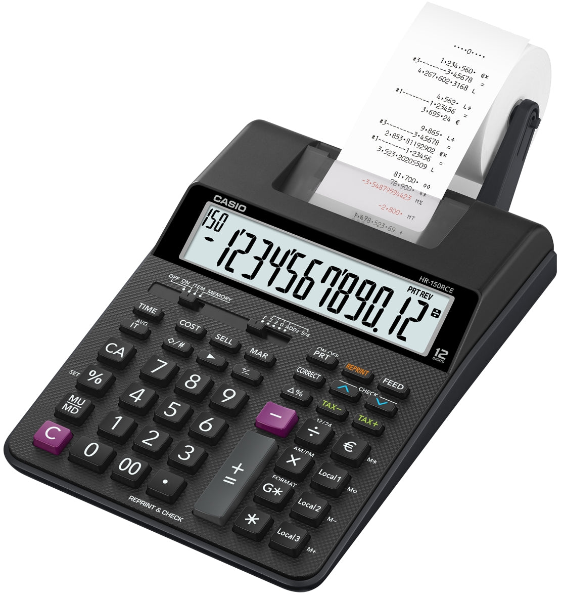 Casio Tischrechner, druckend HR-150RCE – 12-stellig, 2-farbig, 2 Zeilen/s, LCD, Steuer/Währung