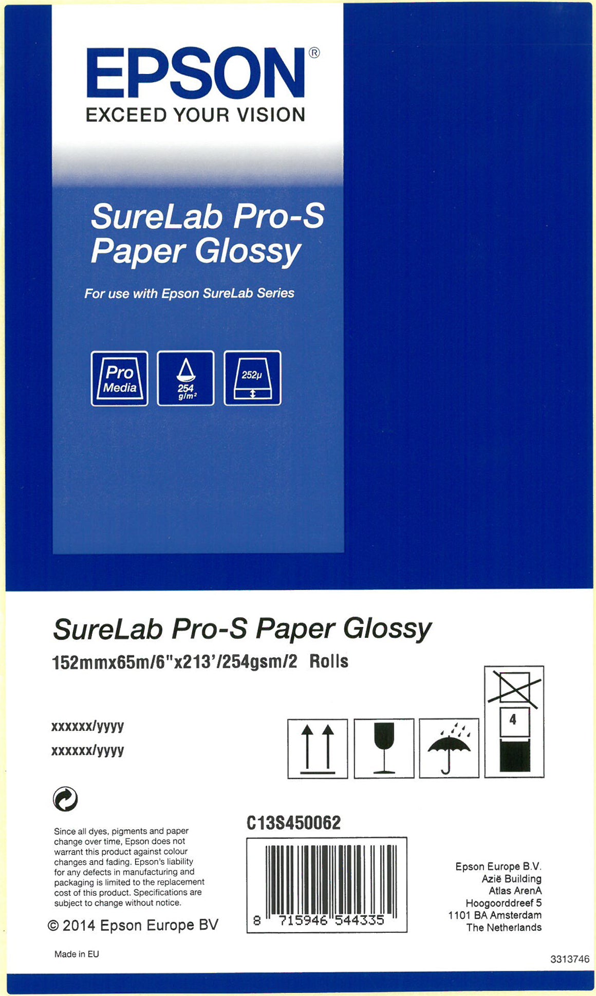 Epson Fotopapierrolle – glänzend, 203 mm × 65 m, 252 g/m², für Epson SureLab (Auswahl)