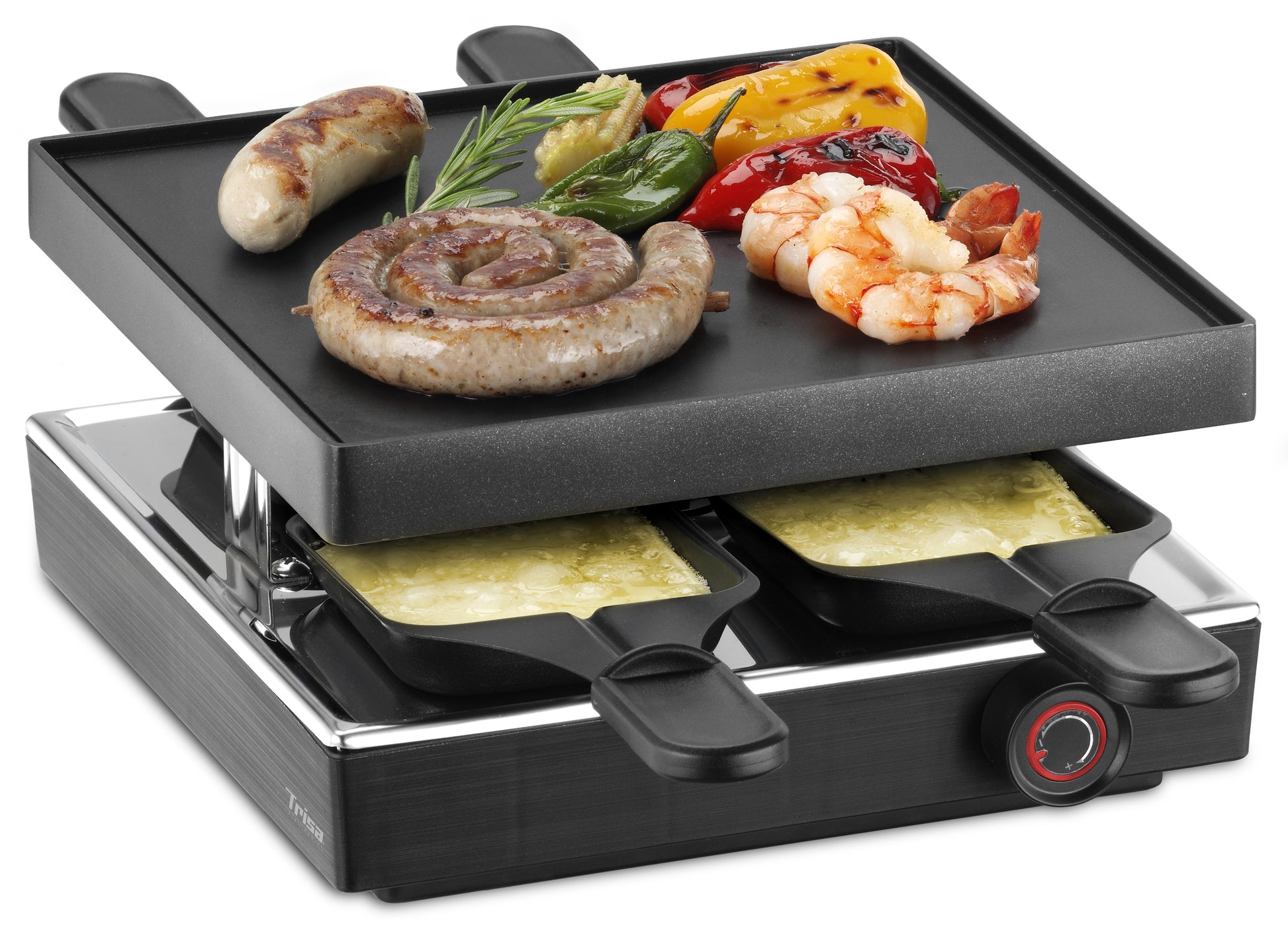 Trisa Raclette-Grill – 4 Personen, 750 W, Aluminiumplatte 21×21 cm, 4 Pfännchen – schwarz/edelstahl