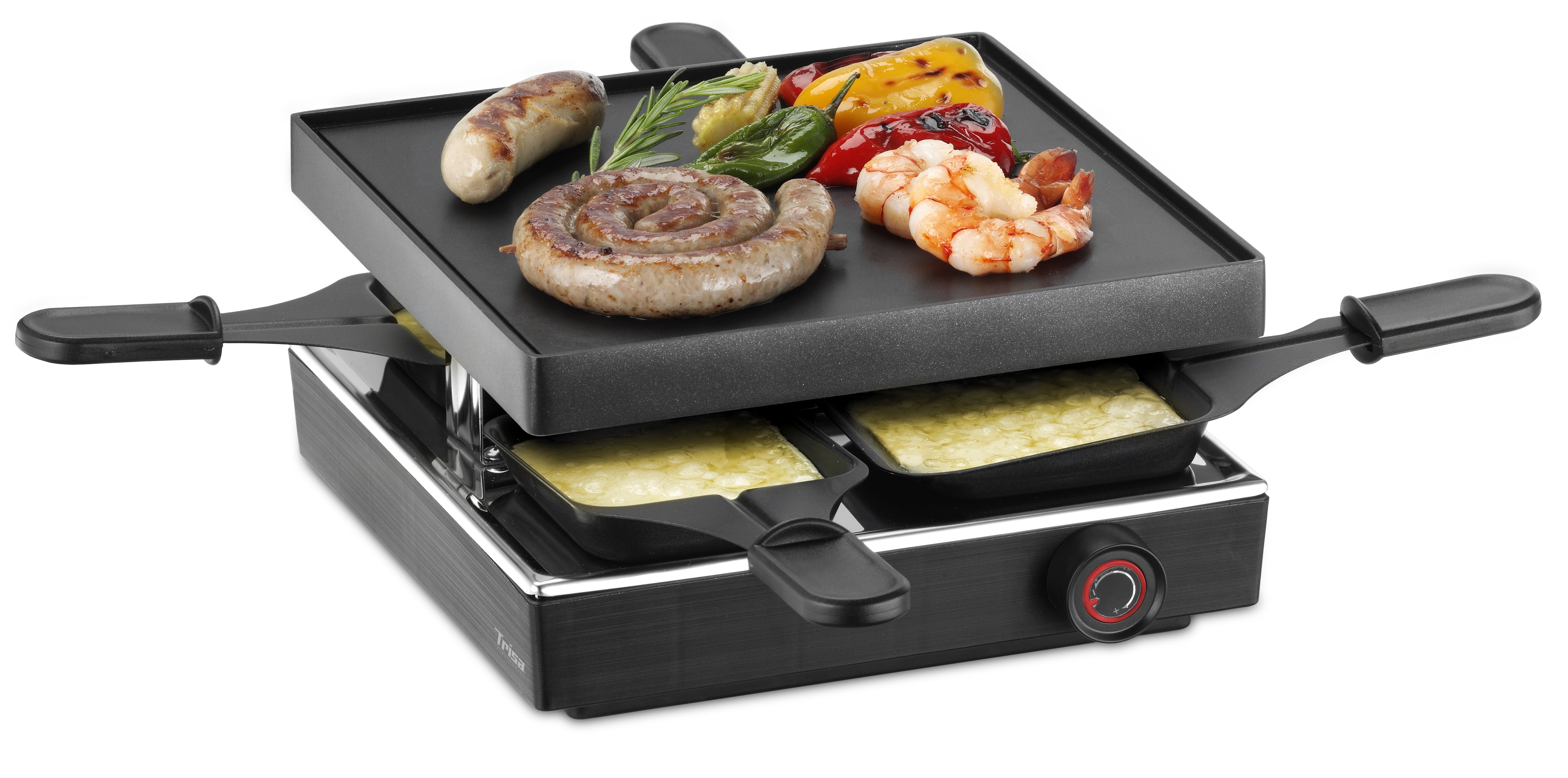 Trisa Raclette-Grill – 4 Personen, 750 W, Aluminiumplatte 21×21 cm, 4 Pfännchen – schwarz/edelstahl