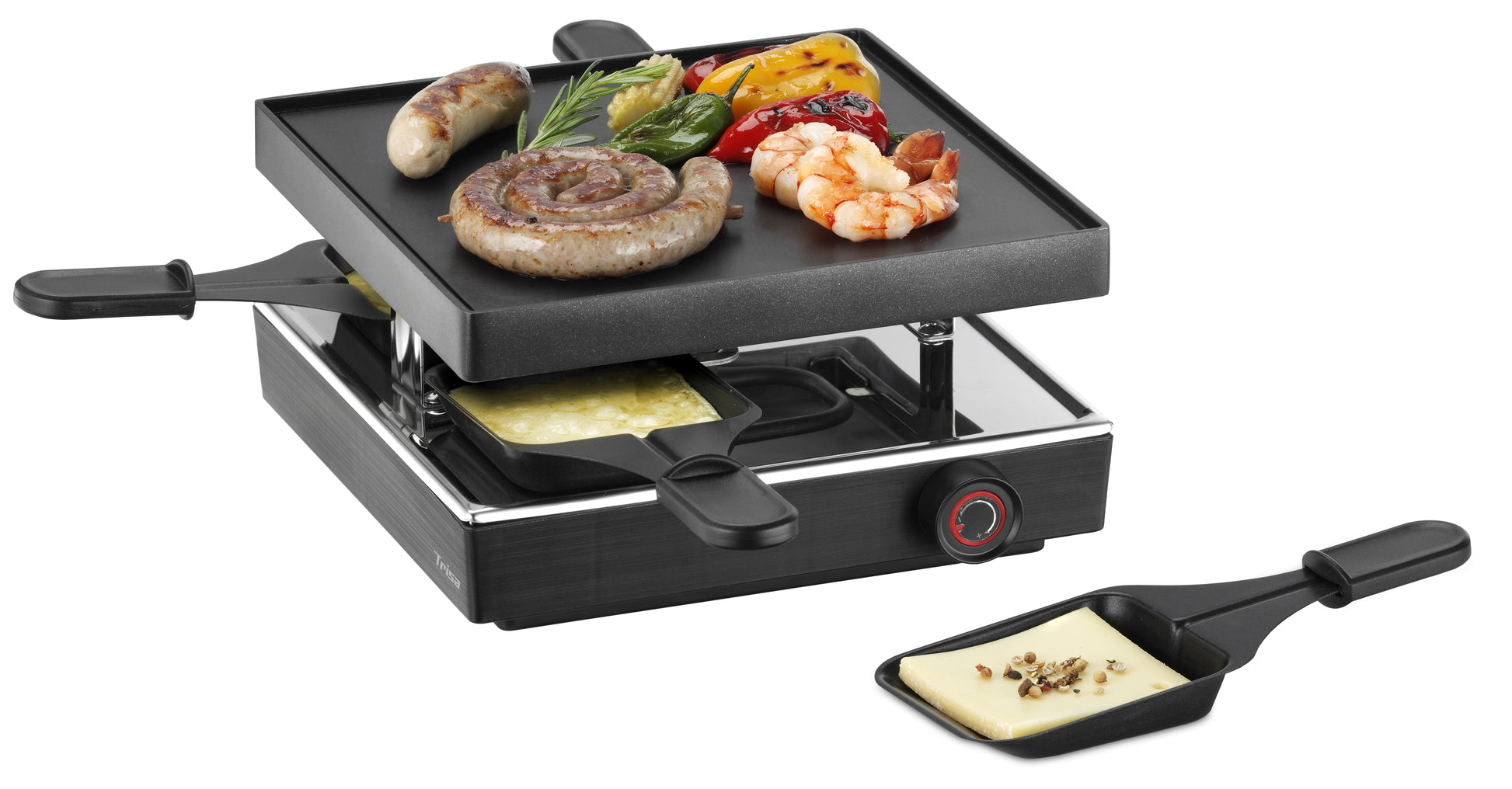Trisa Raclette-Grill – 4 Personen, 750 W, Aluminiumplatte 21×21 cm, 4 Pfännchen – schwarz/edelstahl