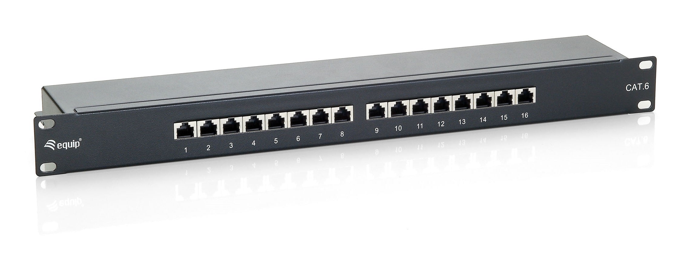 Equip Patchpanel Cat6 – 16× RJ‑45, geschirmt, Goldkontakte, Schwarz, 19", 1U