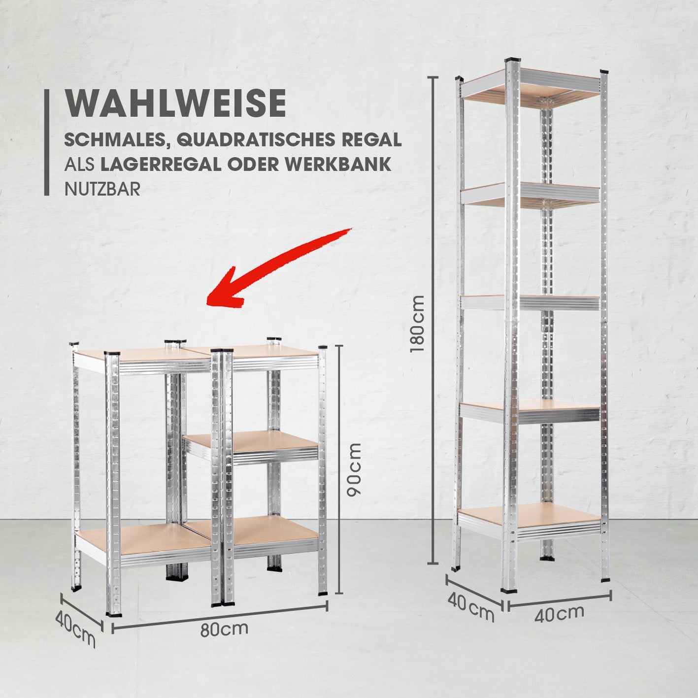 EASYmaxx Regal – Metall/MDF, Grau, 40 × 180 × 40 cm, 5 Tablare, Traglast 175 kg pro Tablar