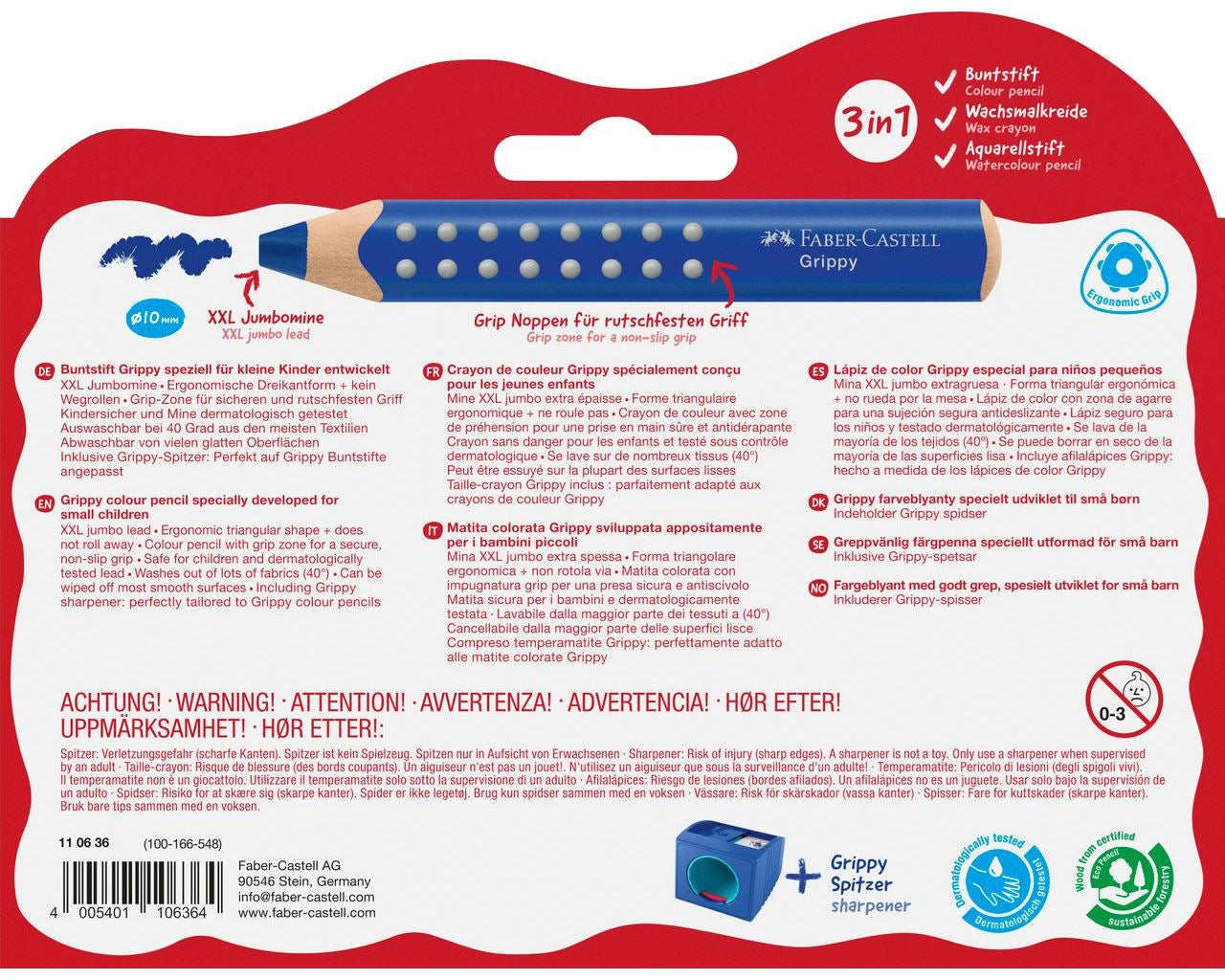 Faber-Castell 3-in-1 Farbstifte Grippy – 10 Farben, im Kartonetui, mit Spitzer, Ø 3 mm, dreikantig