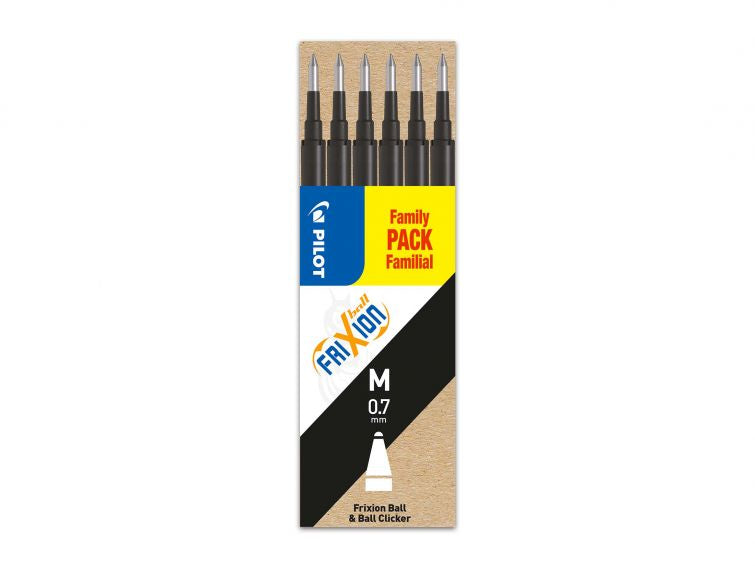 Pilot FriXion Rollerpatronen für Ball, Clicker, LX + 1 weitere – schwarz, 0,7 mm, löschbar, geruchsarm, 6 Stk.